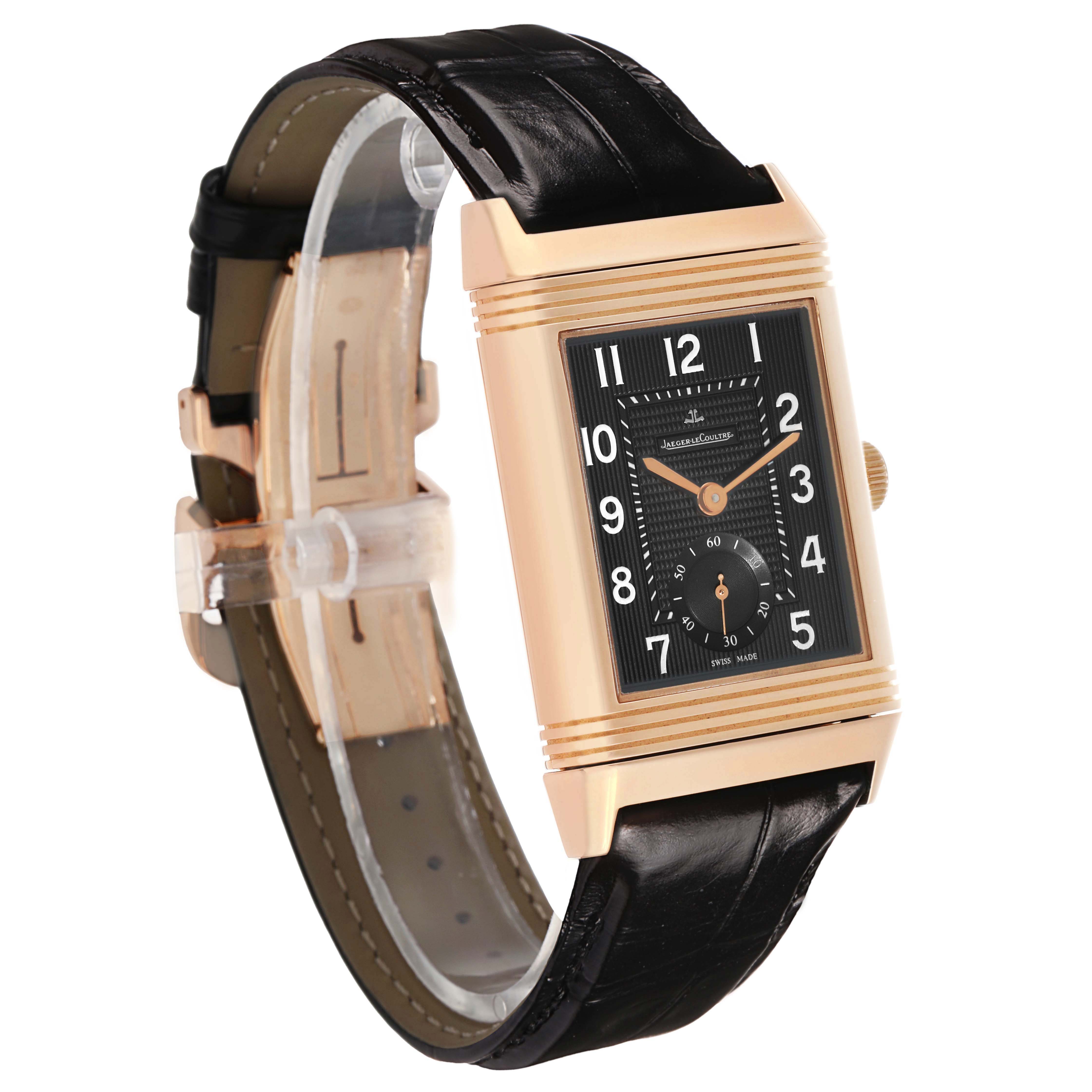 The Jaeger LeCoultre Reverso Q3732470 Men's Rose Gold Black Dial watch is angled to show the front face, strap, and crown.