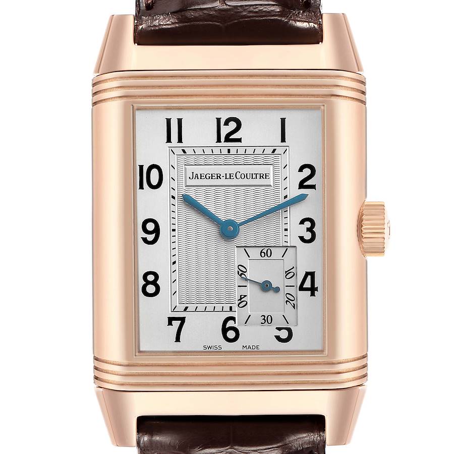 The image shows a frontal view of the Jaeger-LeCoultre Reverso watch, highlighting the dial and case details.