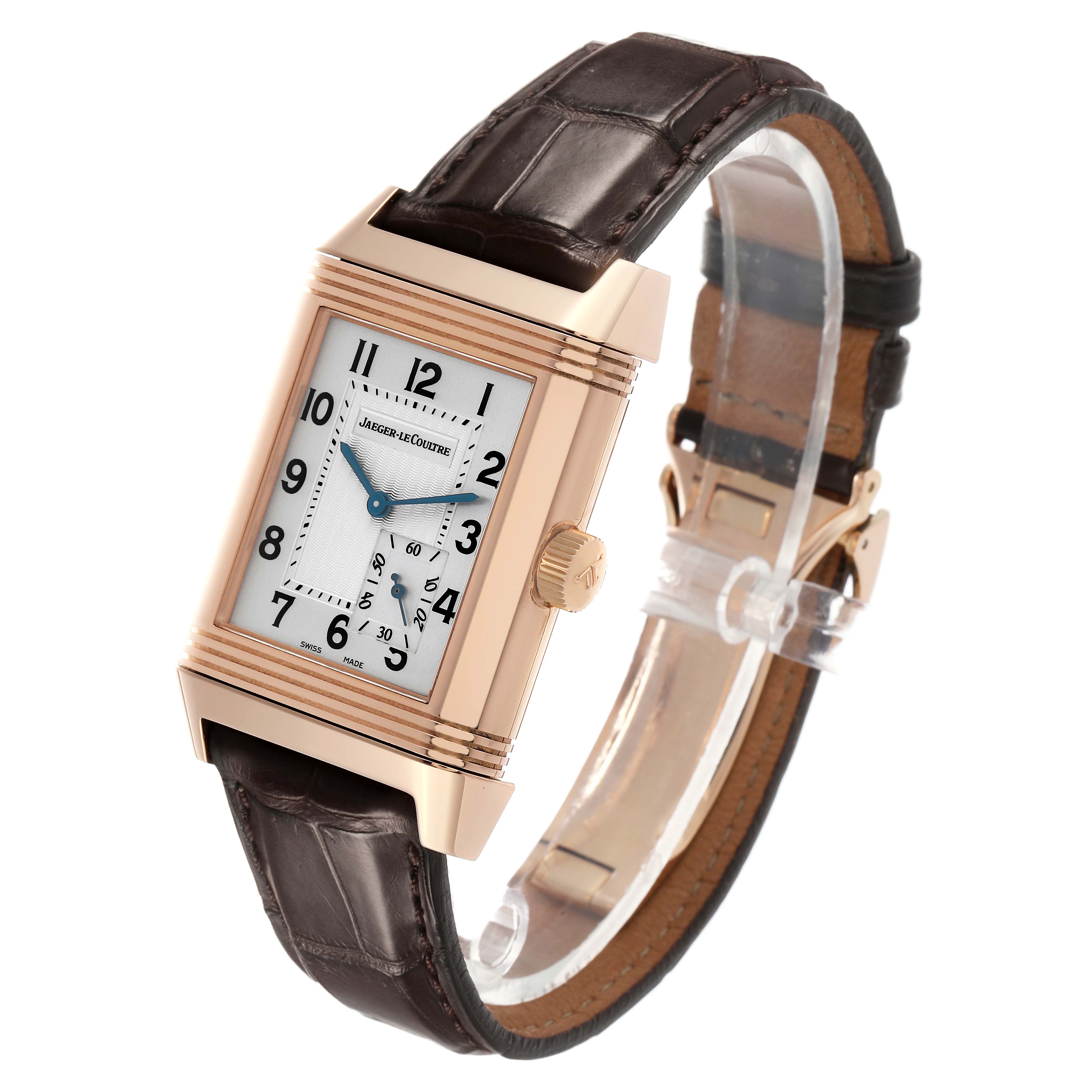The Jaeger LeCoultre Reverso Q3012420 Men's Rose Gold Silver Dial watch is shown at a three-quarter angle, highlighting its rectangular face, crown, and leather strap.