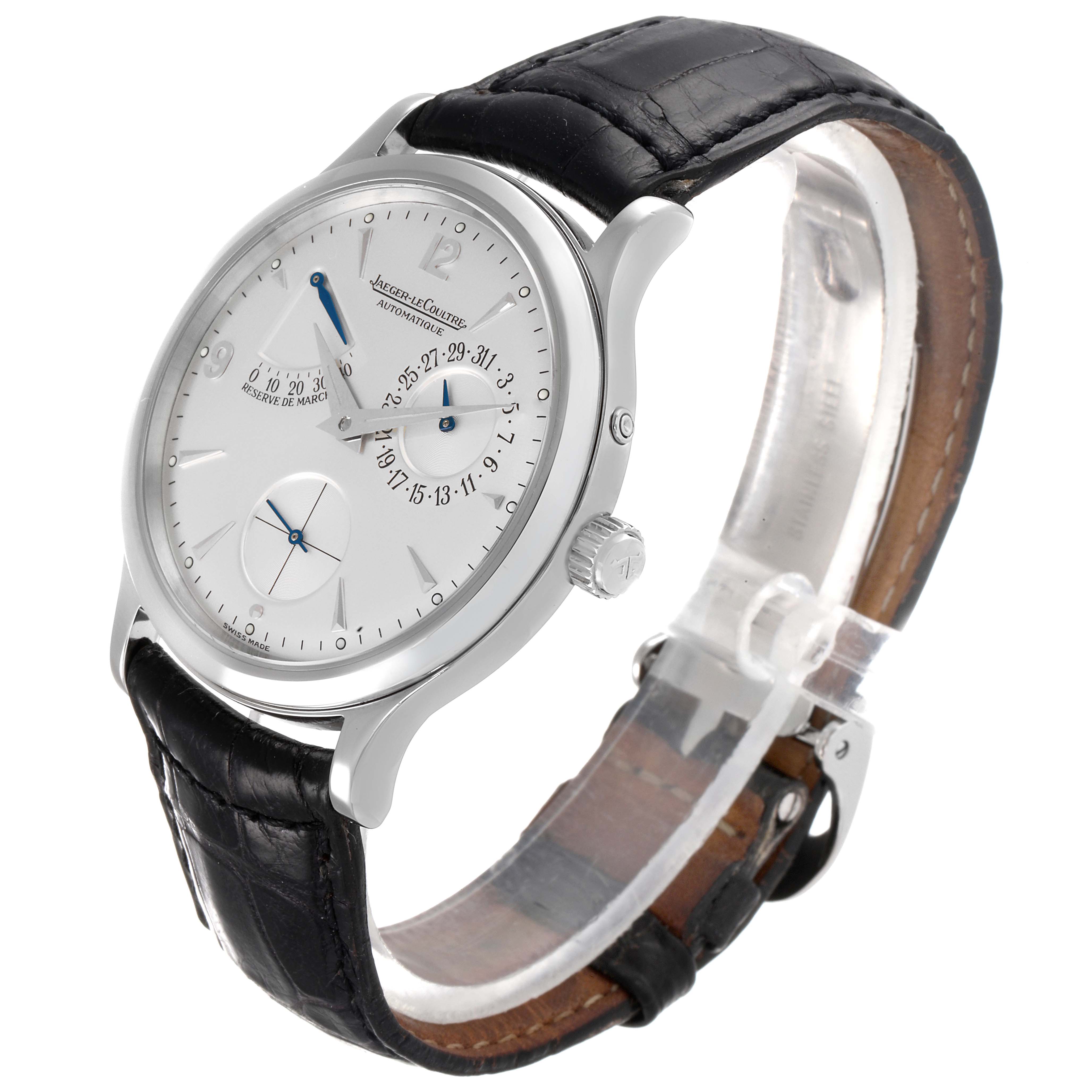 This Jaeger LeCoultre Master 140.8.93 Men's Stainless Steel Silver Dial 140.8.93 Men's Stainless Steel Silver Dial model watch is shown at an angled side view, displaying the face, crown, and leather strap.