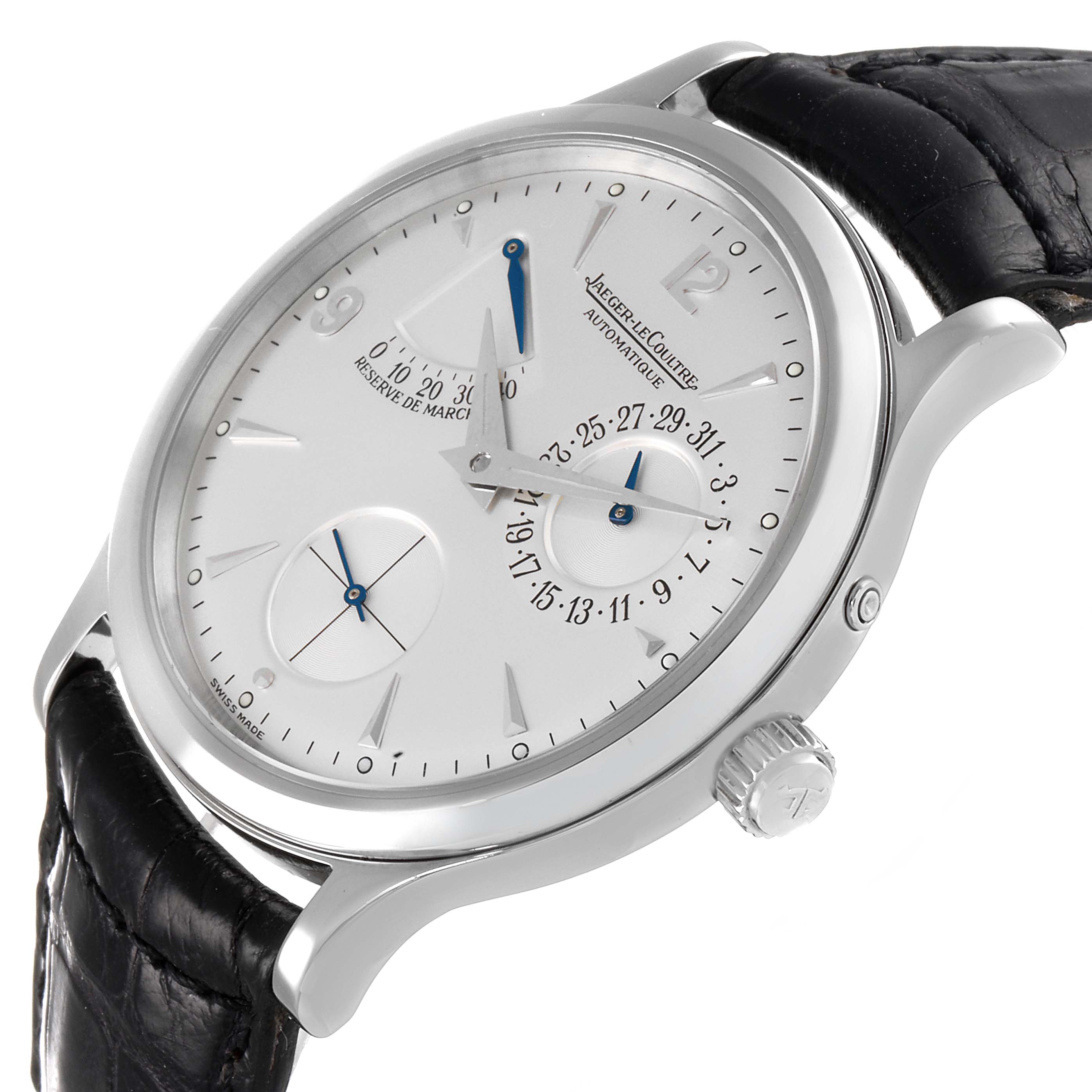 This Jaeger LeCoultre Master 140.8.93 Men's Stainless Steel Silver Dial 140.8.93 Men's Stainless Steel Silver Dial model watch is shown from an angled front view, highlighting its dial, case, and crown.