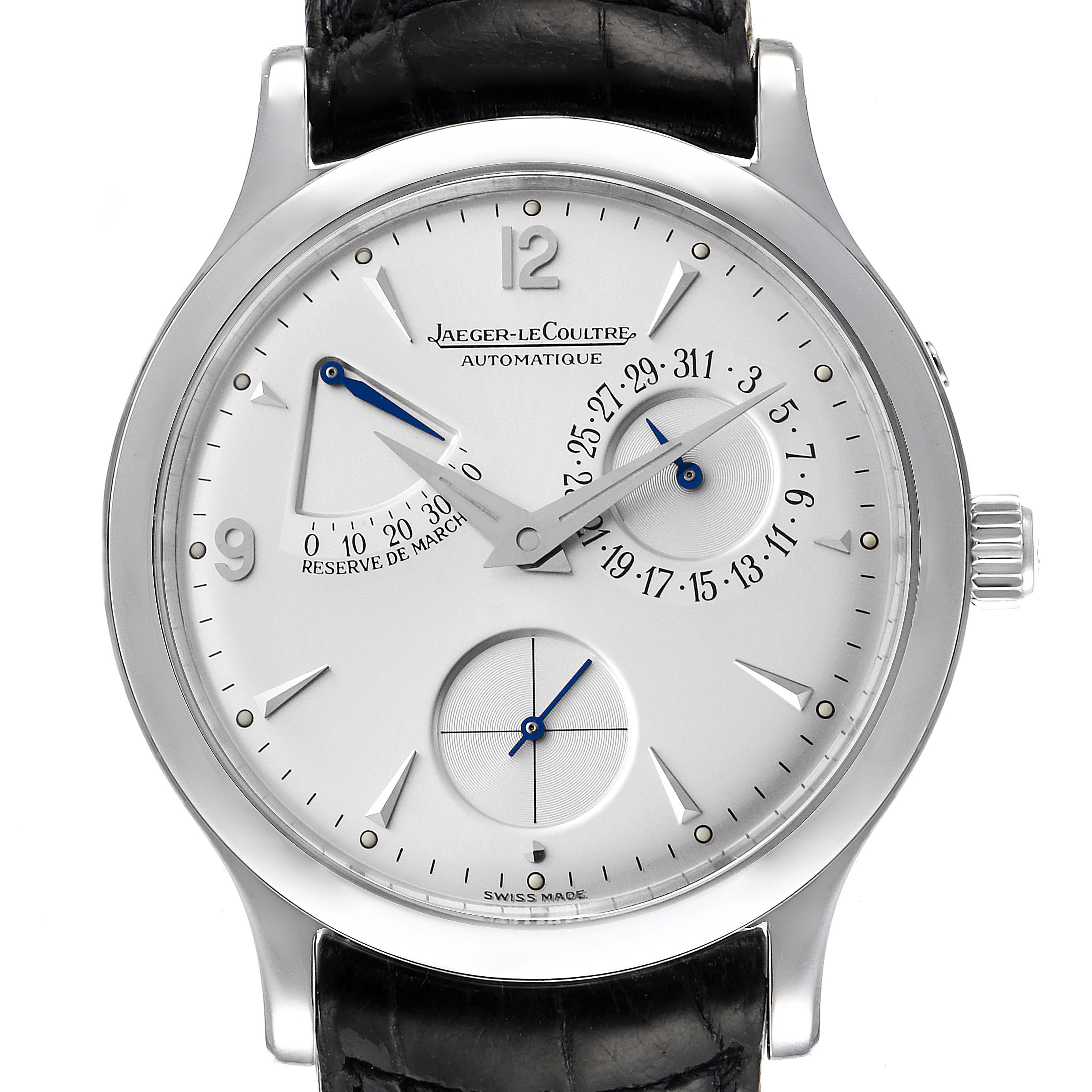 This image shows a front view of the Jaeger-LeCoultre Master watch, highlighting the dial, hands, markers, and partial leather strap.