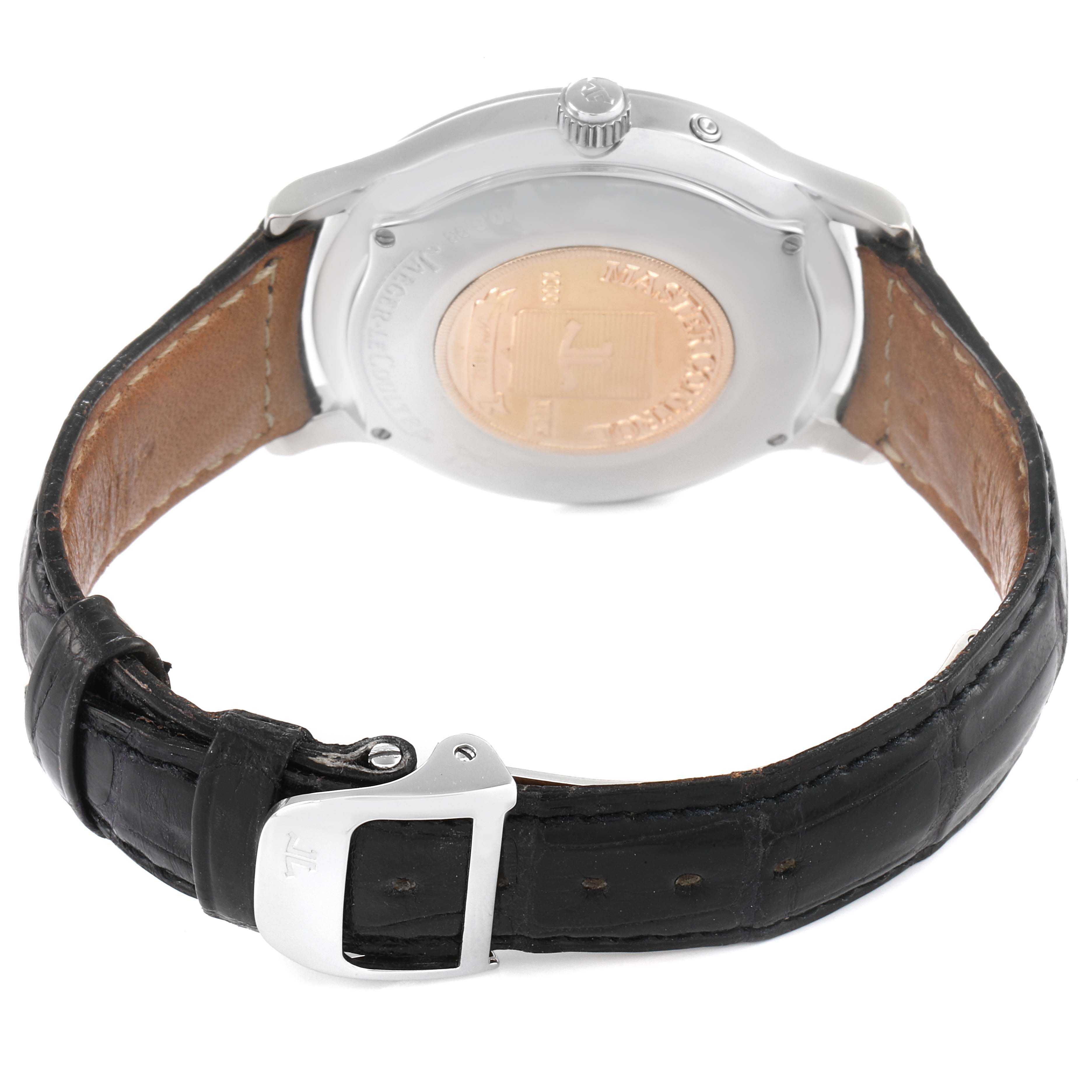 The image shows the back view of a Jaeger LeCoultre Master 140.8.93 Men's Stainless Steel Silver Dial 140.8.93 Men's Stainless Steel Silver Dial model watch, highlighting its strap, buckle, and case back.