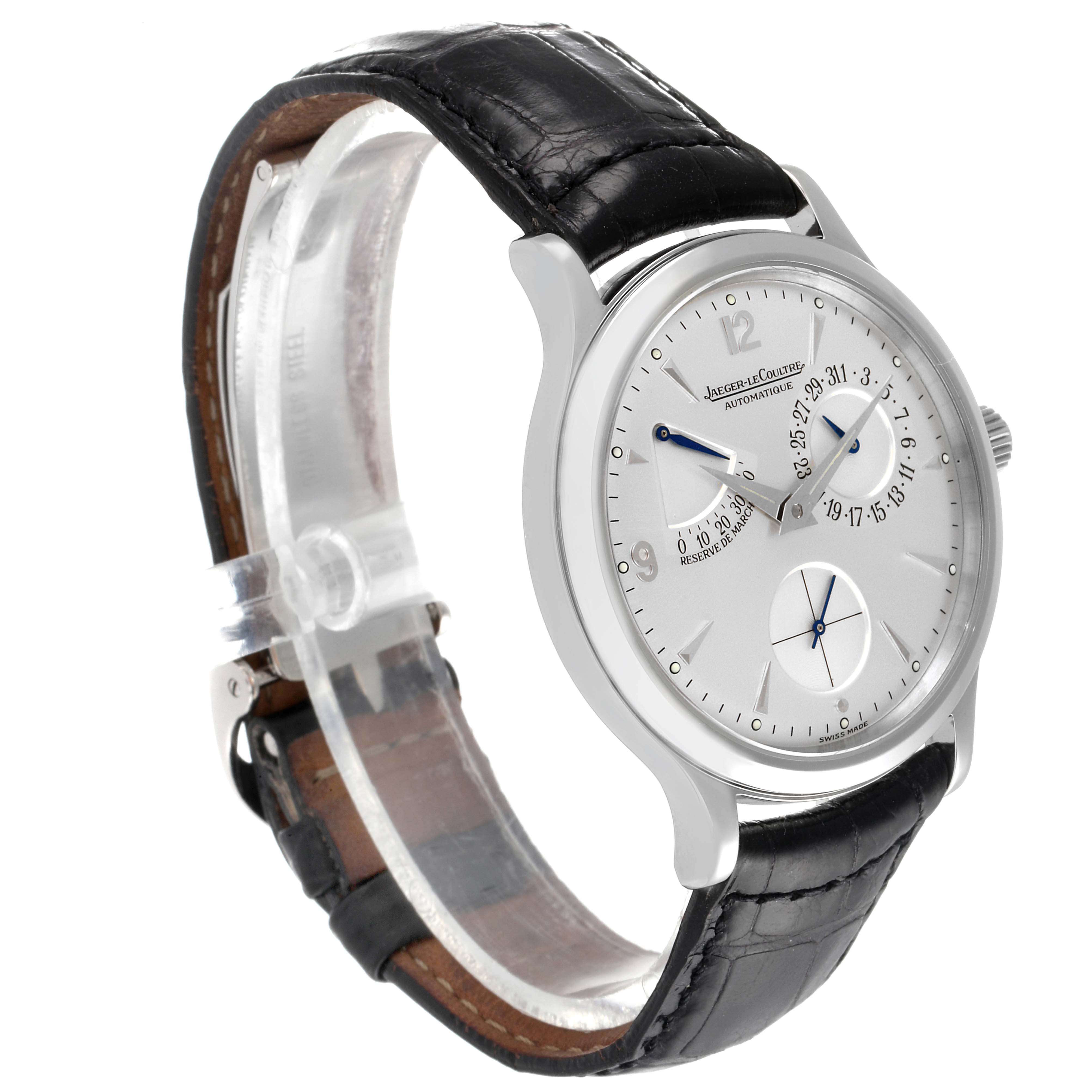 The Jaeger-LeCoultre Master model watch is shown in a three-quarter front angle view, highlighting the face, bezel, and leather strap.