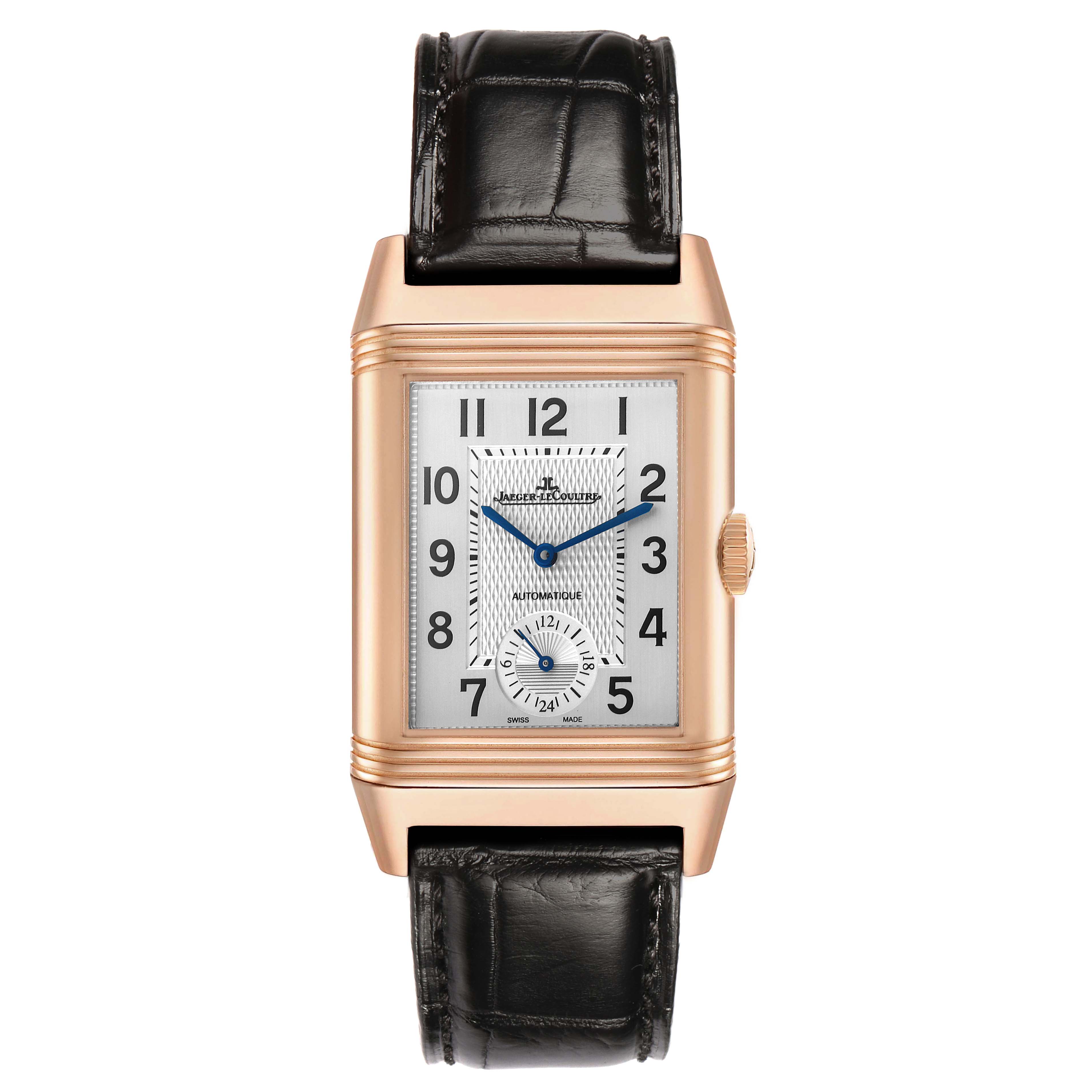 The Jaeger-LeCoultre Reverso watch is shown from the front, displaying the rectangular dial, watch hands, numerals, and straps.