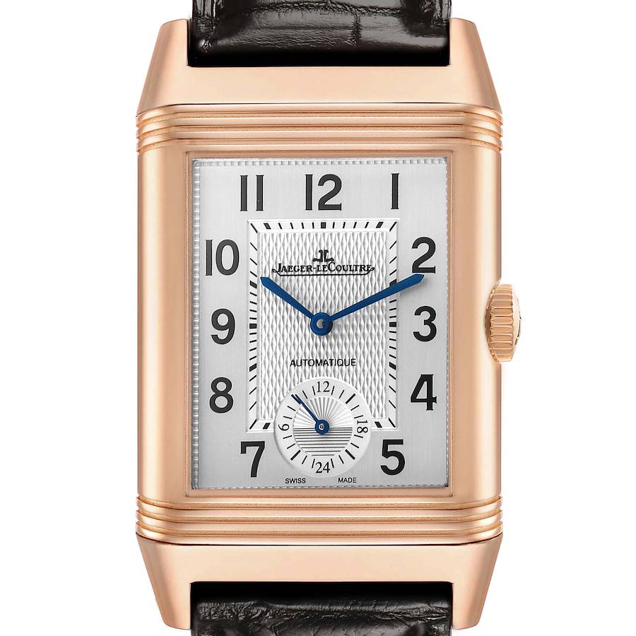 The image shows a frontal view of the Jaeger LeCoultre Reverso Q3832420 Men's Rose Gold Silver Dial watch, highlighting the dial, case, and crown.