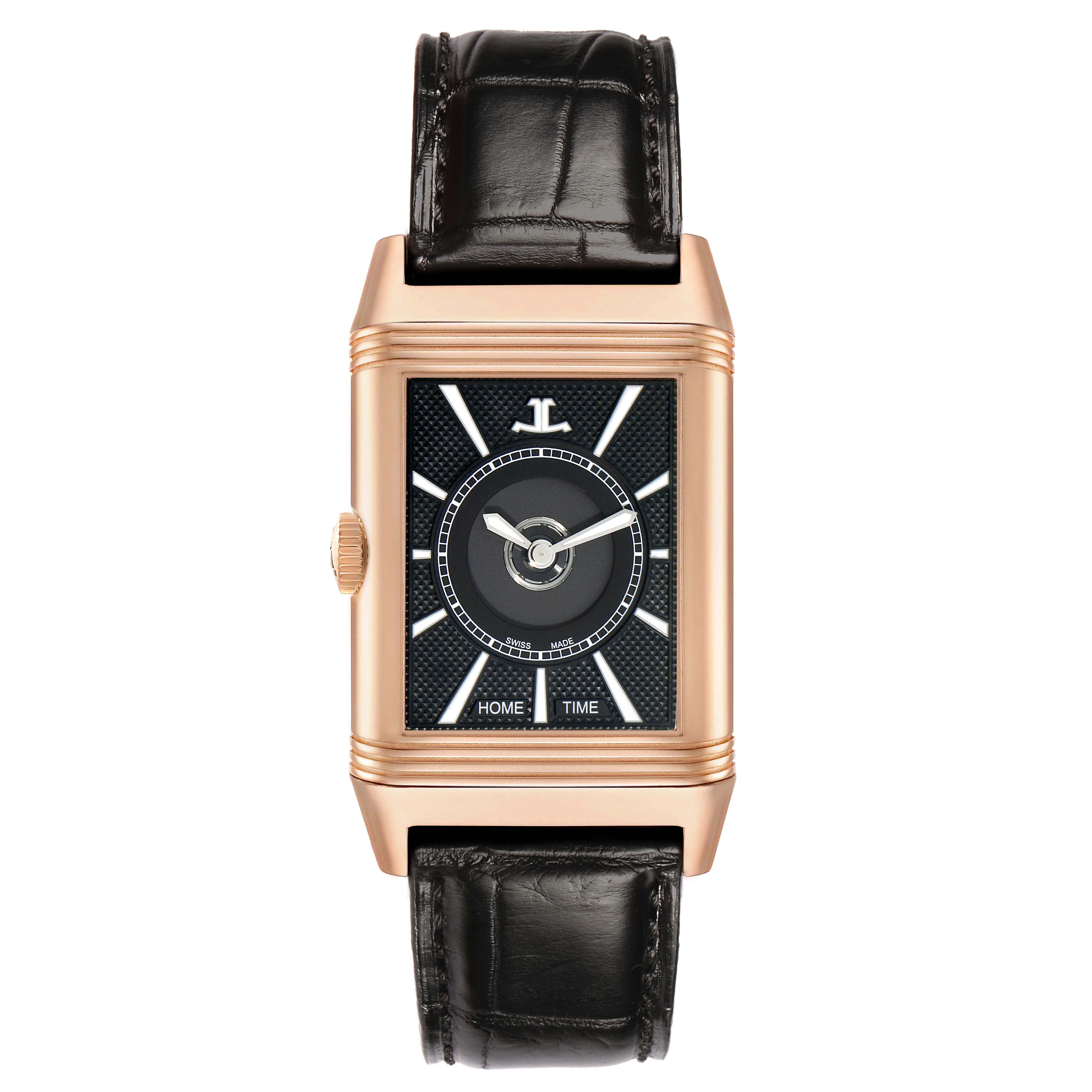 The Jaeger LeCoultre Reverso Q3832420 Men's Rose Gold Silver Dial watch is shown in a front view, highlighting its rectangular face, crown, and leather strap.