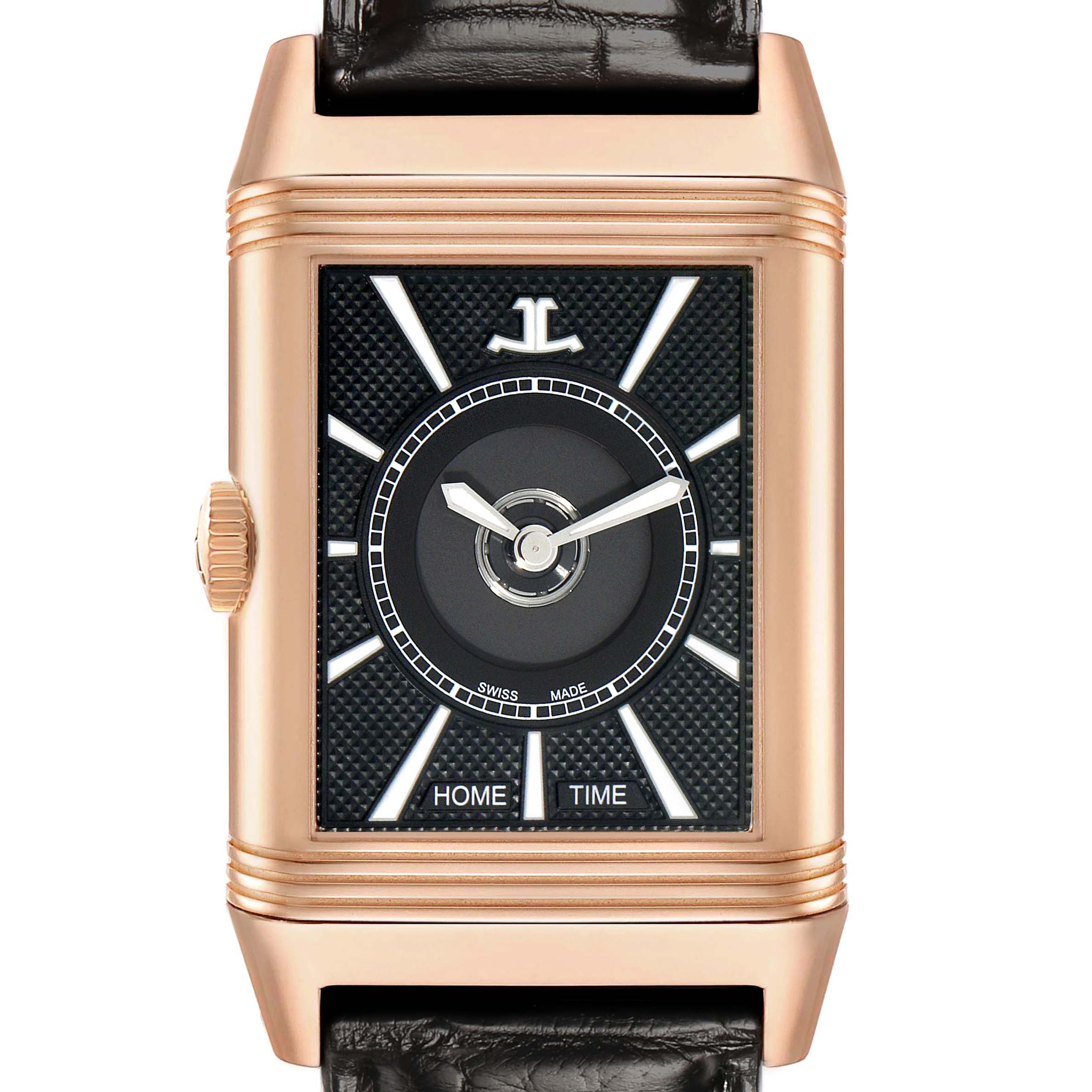 The image shows a front view of a Jaeger-LeCoultre Reverso watch, highlighting the dial, case, crown, and strap.