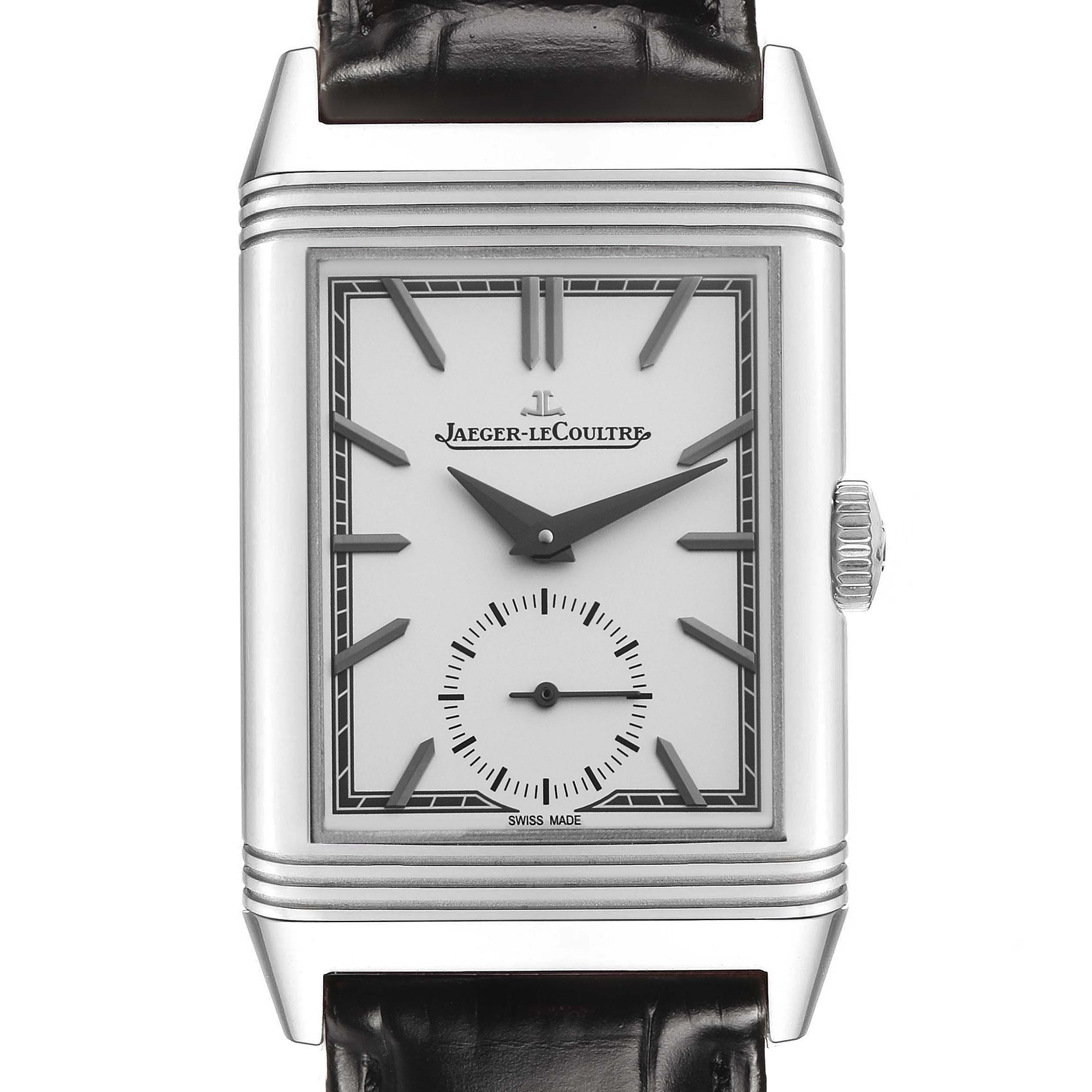 The Jaeger LeCoultre Reverso Q713842X Men's Stainless Steel Silver Dial watch is shown from the front, highlighting the rectangular face, dial, and crown.