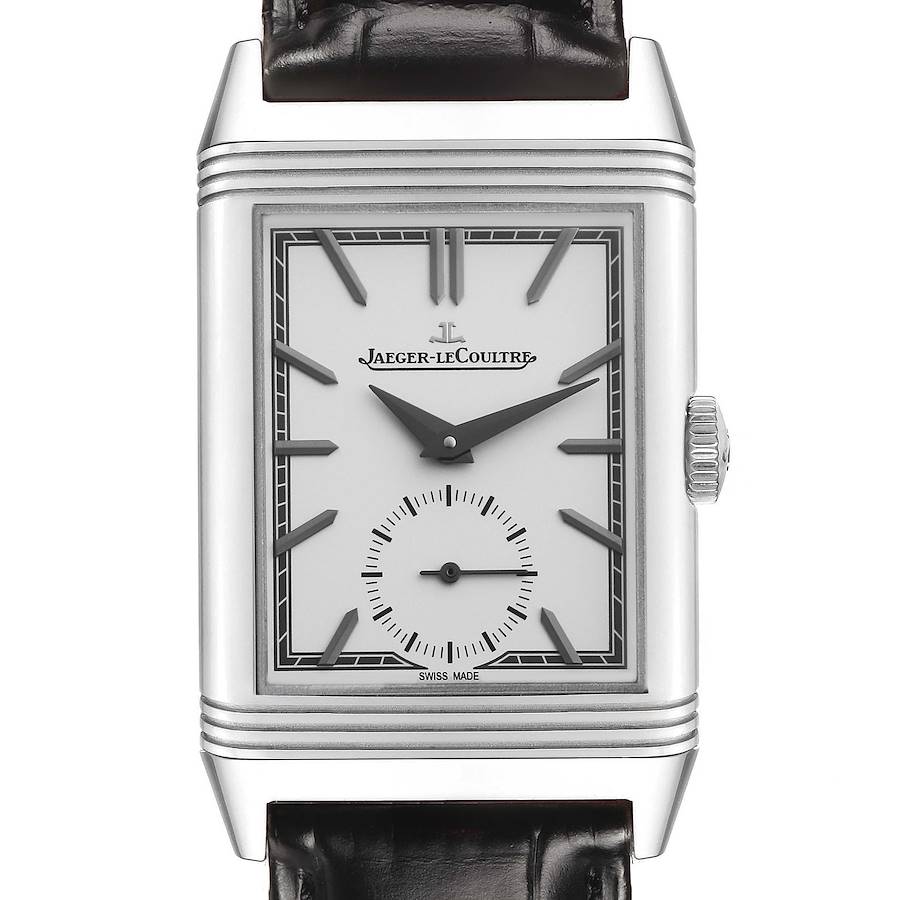 The Jaeger LeCoultre Reverso Q713842X Men's Stainless Steel Silver Dial watch is shown from the front, highlighting the rectangular face, dial, and crown.