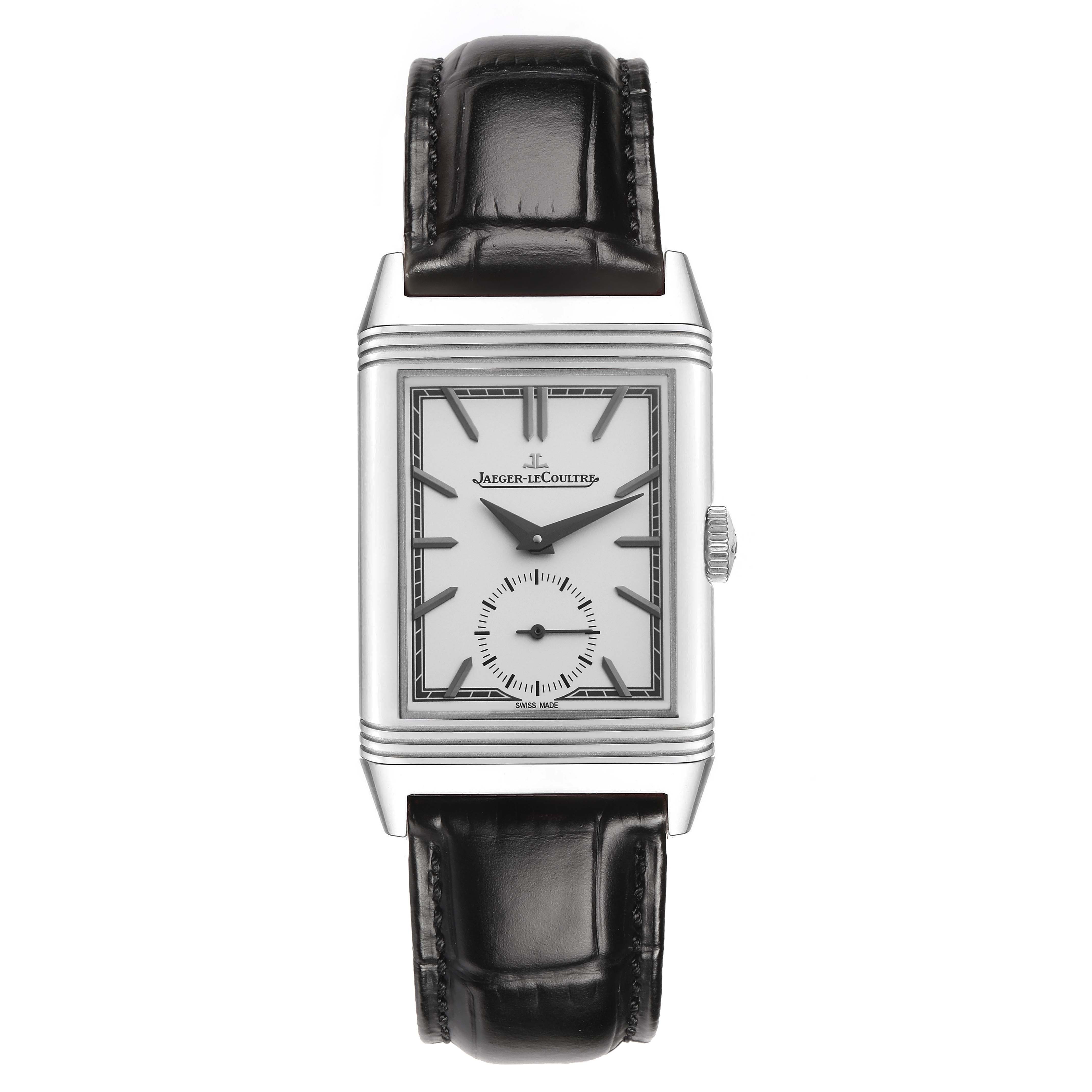 The Jaeger-LeCoultre Reverso watch is shown from the front, displaying its face, case, crown, and leather strap.