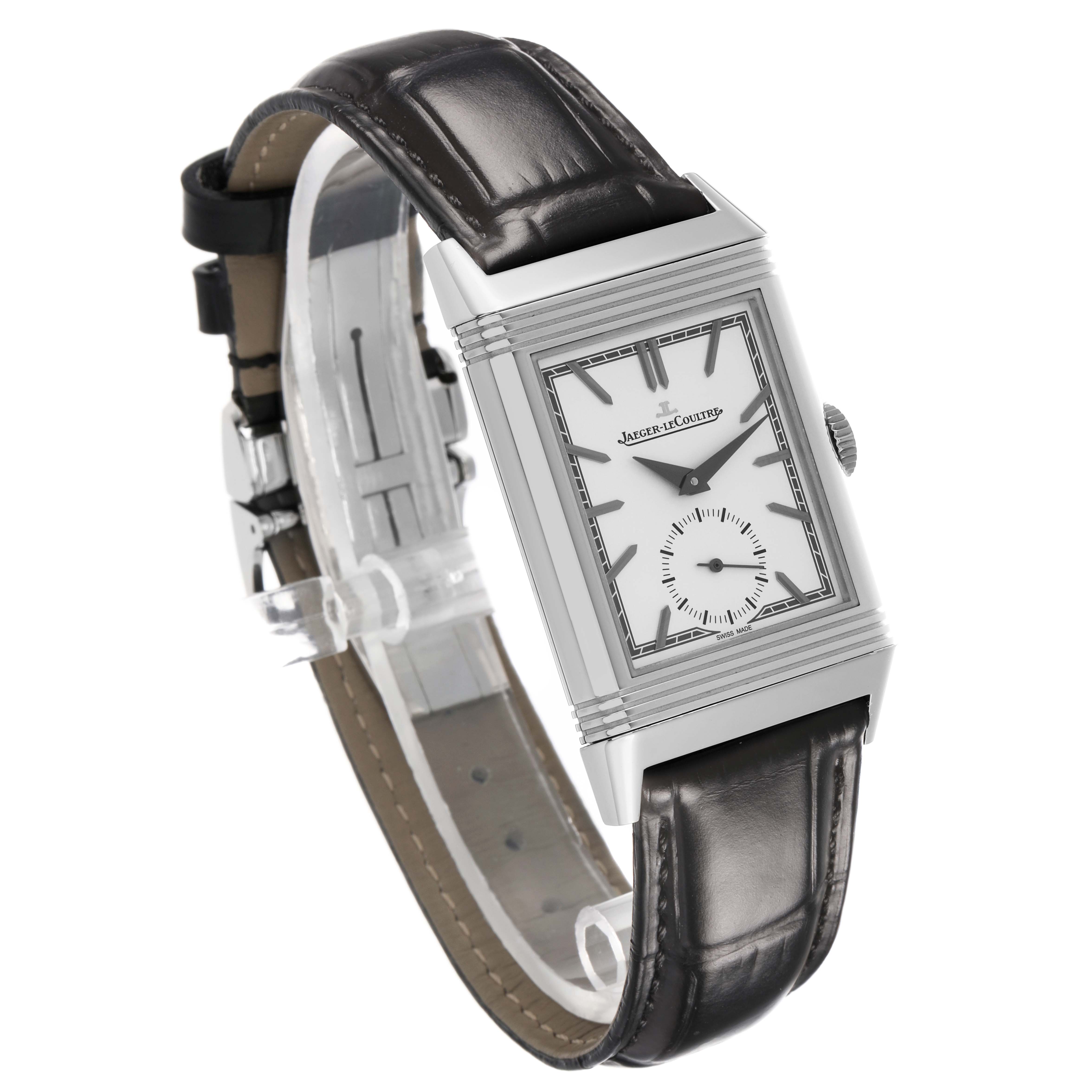 The Jaeger LeCoultre Reverso Q713842X Men's Stainless Steel Silver Dial watch is shown at a three-quarter angle, highlighting the dial, case, and leather strap.