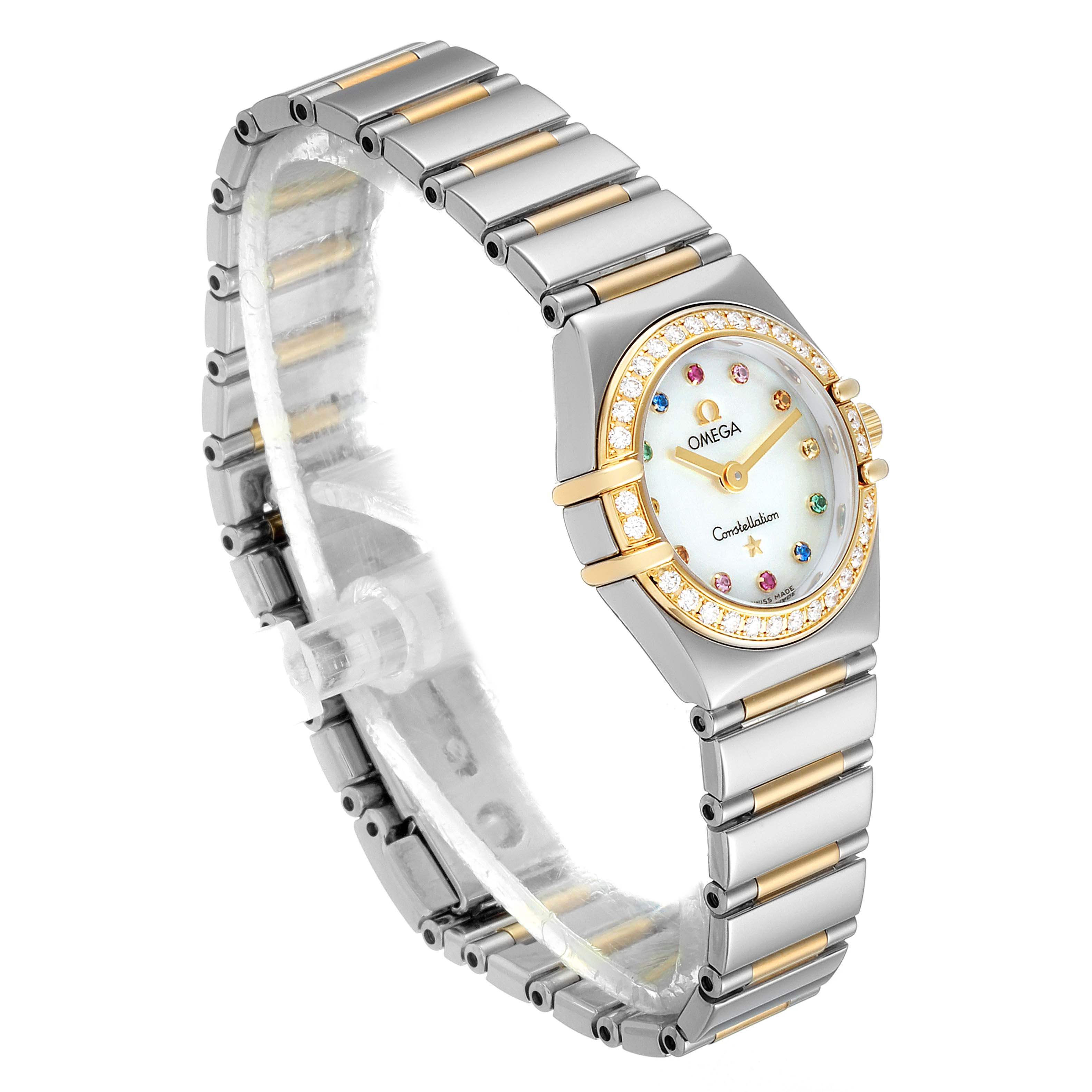 The Omega 1365.79.00 Women's Stainless Steel Mother of Pearl Dial 1365.79.00 Women's Stainless Steel Mother of Pearl Dial Constellation Iris Steel Yellow Gold Multi Stone Watch model 1365.79.00 is shown at an angled side view.