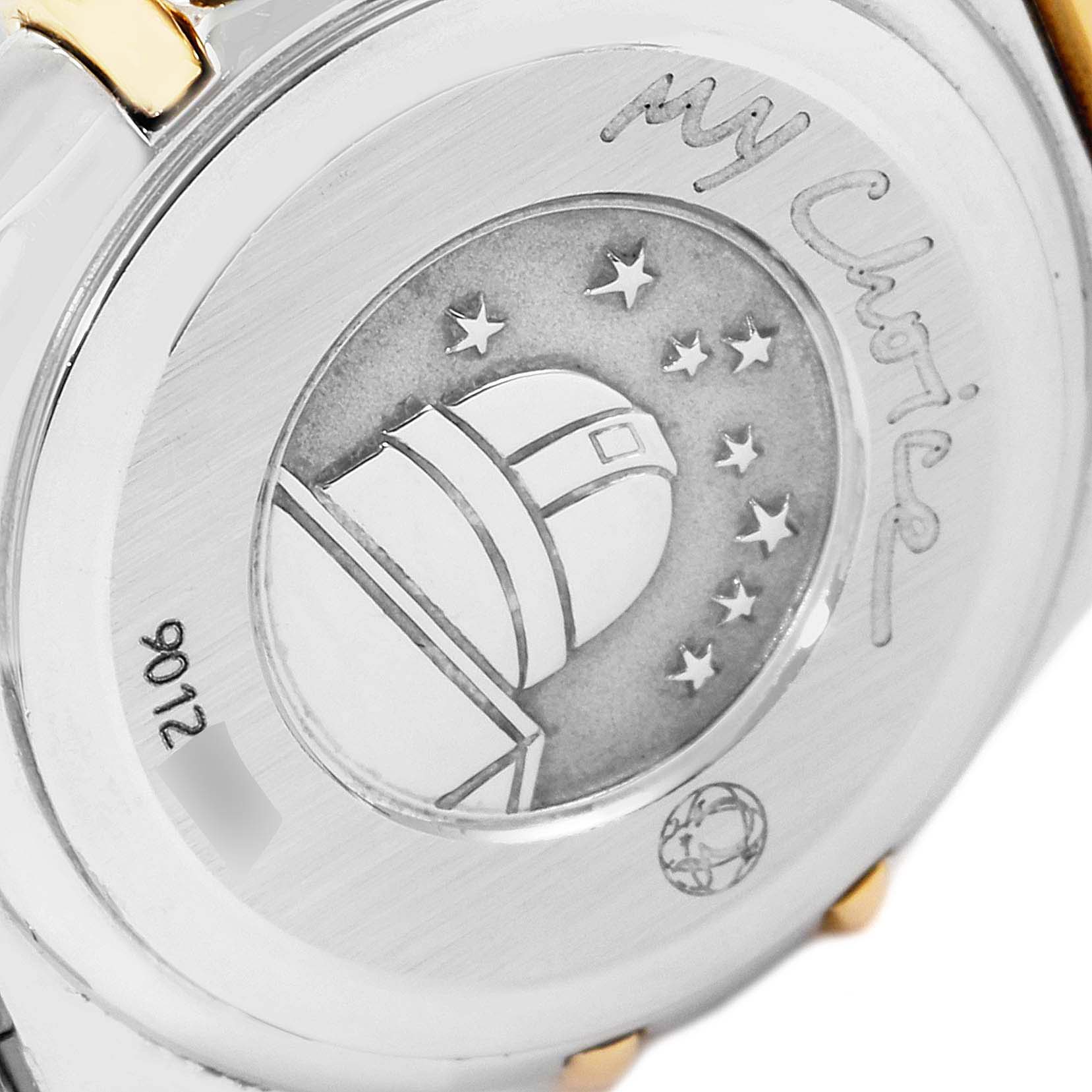 This image shows the case back of the Omega 1365.79.00 Women's Stainless Steel Mother of Pearl Dial 1365.79.00 Women's Stainless Steel Mother of Pearl Dial Constellation Iris Steel Yellow Gold Multi Stone Watch 1365.79.00, featuring an engraved observatory.