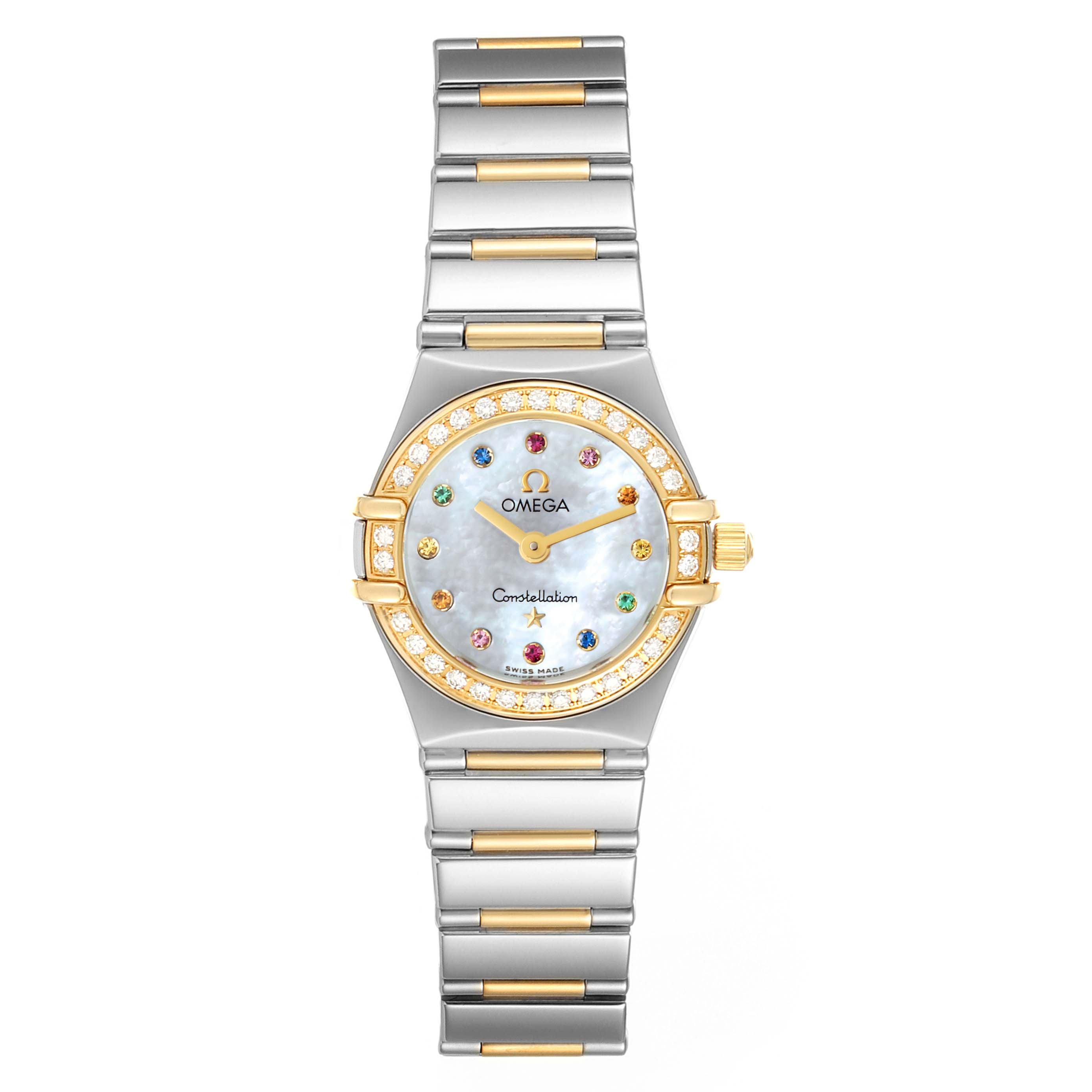 This image shows a front view of the Omega 1365.79.00 Women's Stainless Steel Mother of Pearl Dial 1365.79.00 Women's Stainless Steel Mother of Pearl Dial Constellation Iris Steel Yellow Gold Multi Stone Watch 1365.79.00, highlighting its face and band.