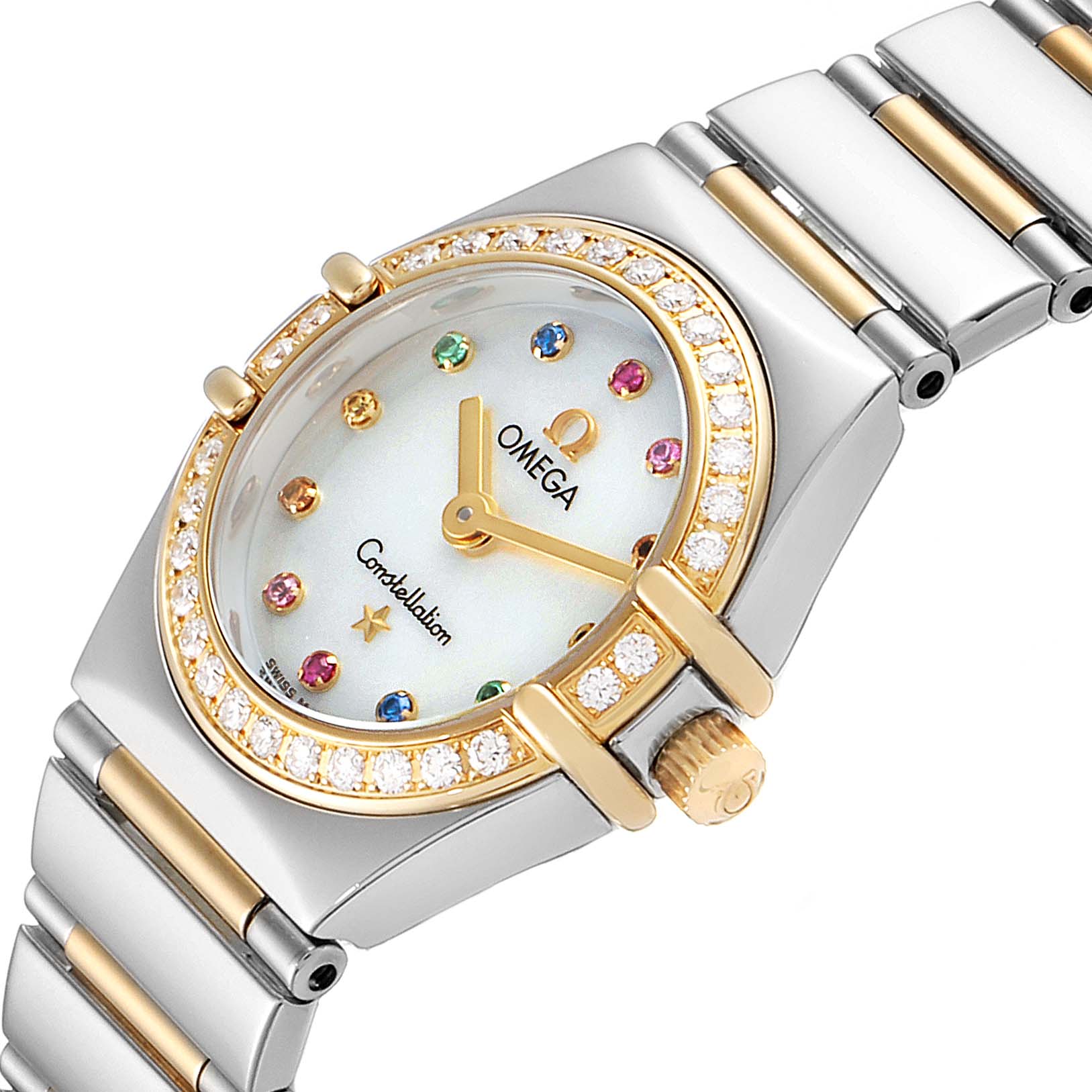 The Omega 1365.79.00 Women's Stainless Steel Mother of Pearl Dial 1365.79.00 Women's Stainless Steel Mother of Pearl Dial Constellation Iris Steel Yellow Gold Multi Stone 1365.79.00 watch is shown at an angled close-up, highlighting the dial, bezel, and bracelet.