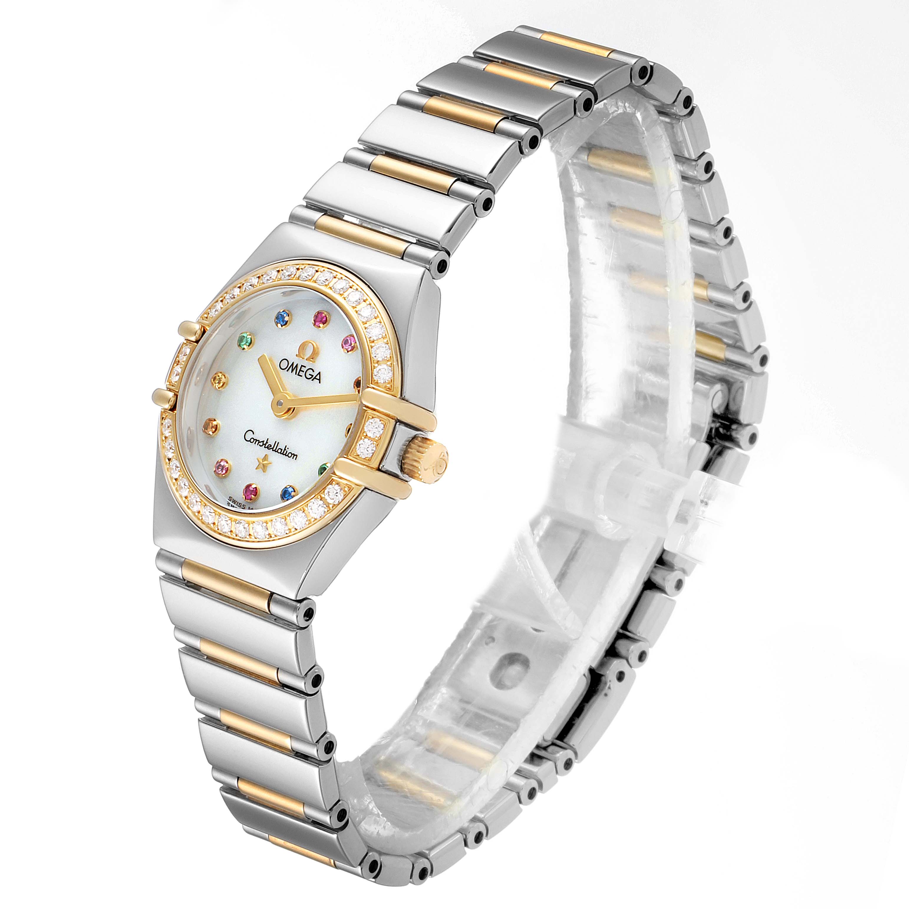 This image shows an angled view of the Omega 1365.79.00 Women's Stainless Steel Mother of Pearl Dial 1365.79.00 Women's Stainless Steel Mother of Pearl Dial Constellation Iris Steel Yellow Gold Multi Stone Watch 1365.79.00, displaying the face and bracelet.