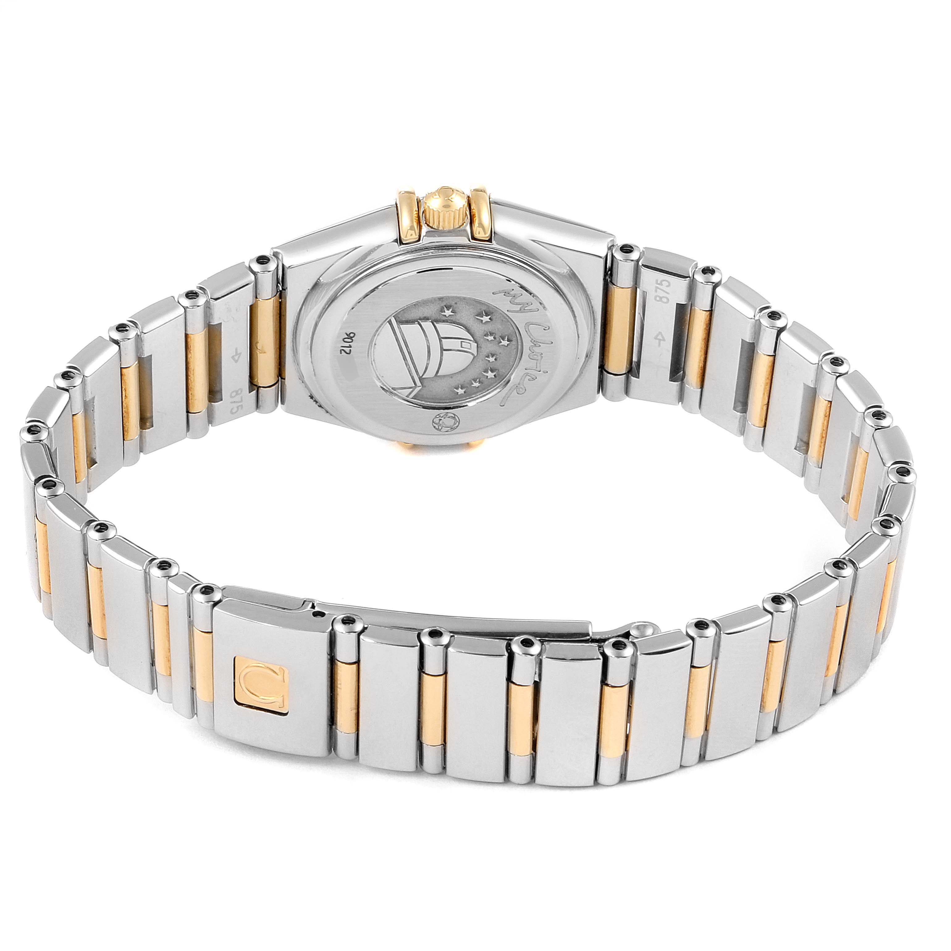 This image shows the back and bracelet of the Omega 1365.79.00 Women's Stainless Steel Mother of Pearl Dial 1365.79.00 Women's Stainless Steel Mother of Pearl Dial Constellation Iris Steel Yellow Gold Multi Stone Watch model 1365.79.00.
