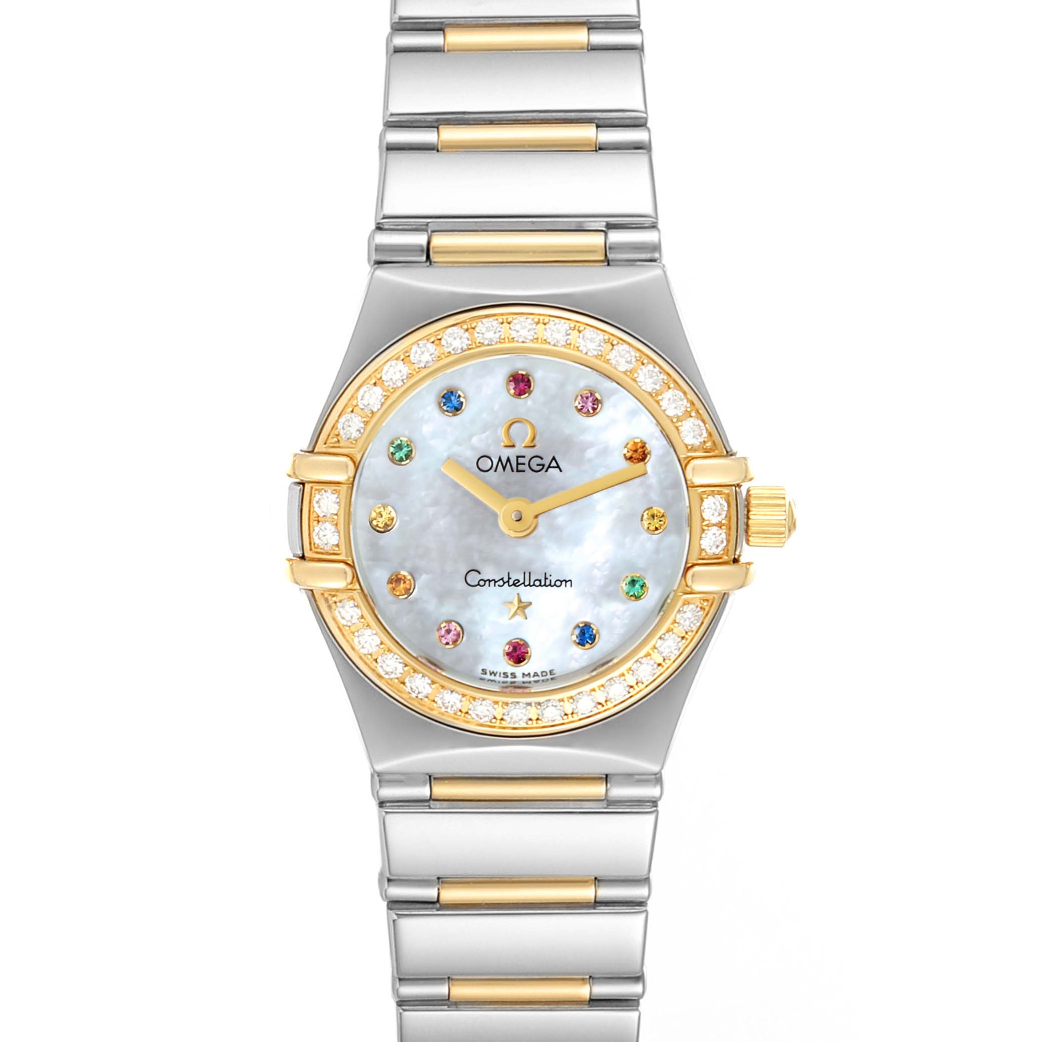 The Omega 1365.79.00 Women's Stainless Steel Mother of Pearl Dial 1365.79.00 Women's Stainless Steel Mother of Pearl Dial Constellation Iris Steel Yellow Gold Multi Stone Watch 1365.79.00 is shown from a front angle, showcasing the dial, bezel, and bracelet.