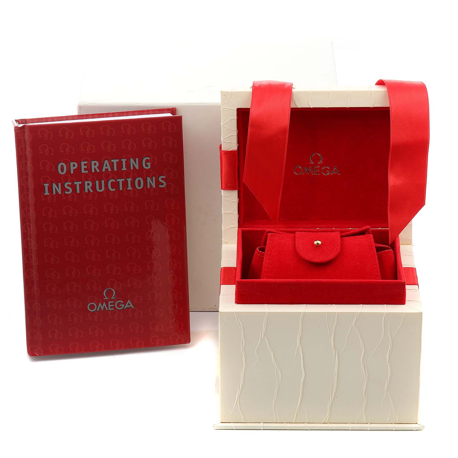 The image shows an Omega 1365.79.00 Women's Stainless Steel Mother of Pearl Dial 1365.79.00 Women's Stainless Steel Mother of Pearl Dial Constellation Iris Steel Yellow Gold Multi Stone Watch 1365.79.00 with its box and operating instructions.