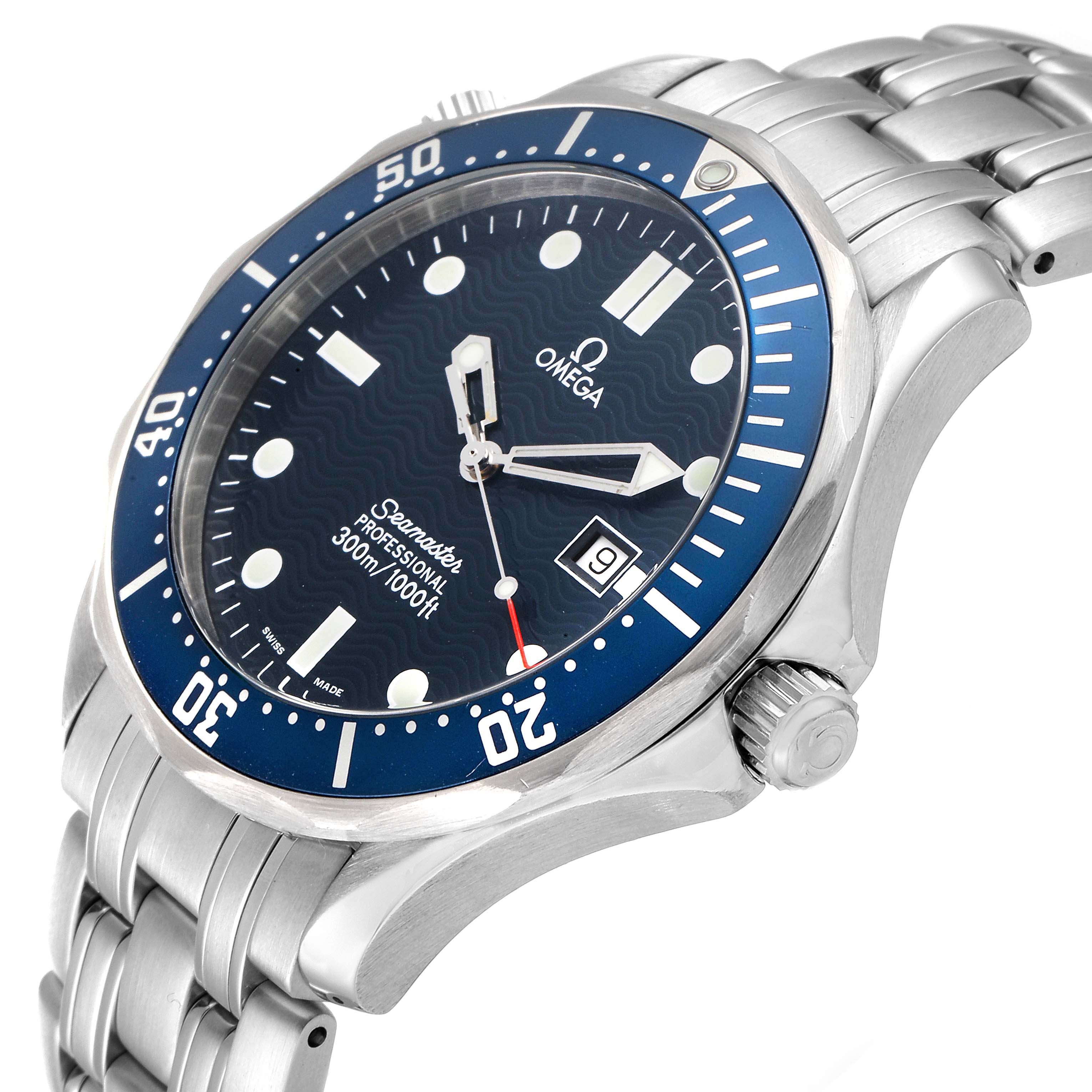 The image shows an angled close-up of the Omega Seamaster 2541.80.00 Men's Stainless Steel Blue Dial 2541.80.00 Men's Stainless Steel Blue Dial watch, highlighting the bezel, dial, crown, and part of the bracelet.