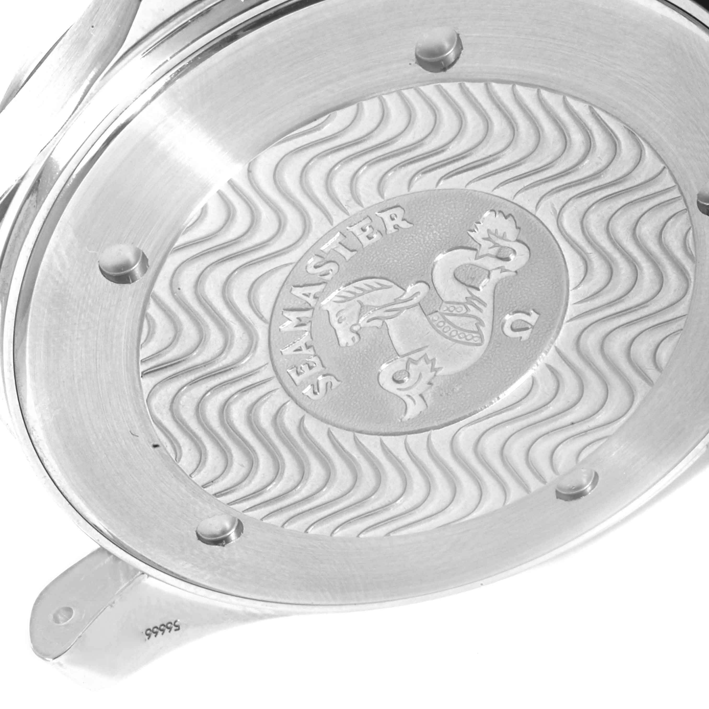 The image shows the back case of an Omega Seamaster 2541.80.00 Men's Stainless Steel Blue Dial 2541.80.00 Men's Stainless Steel Blue Dial watch with its engraved design and branding.