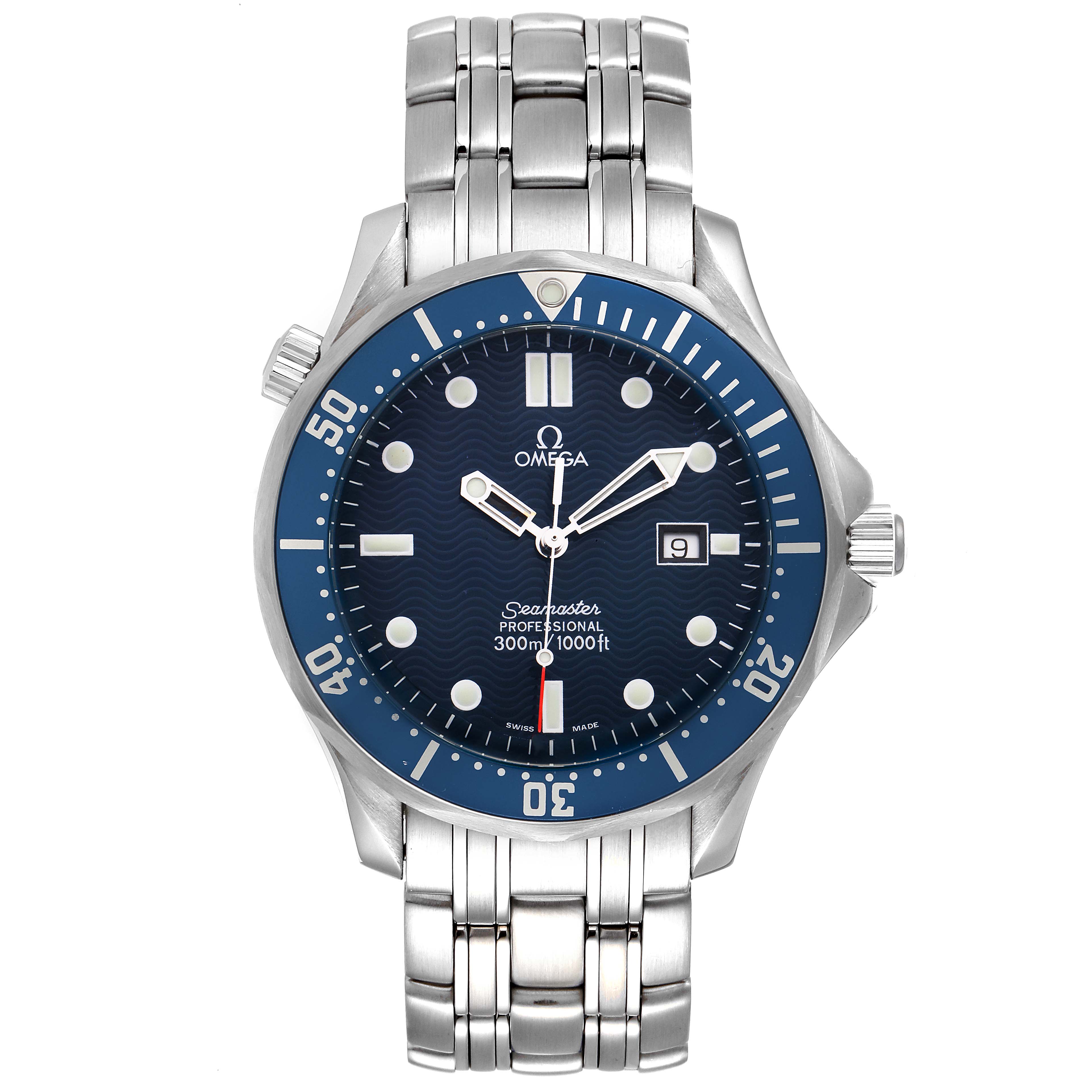 The Omega Seamaster 2541.80.00 Men's Stainless Steel Blue Dial 2541.80.00 Men's Stainless Steel Blue Dial watch is shown from a front angle, displaying its blue dial, bezel, hands, date window, and stainless steel bracelet.