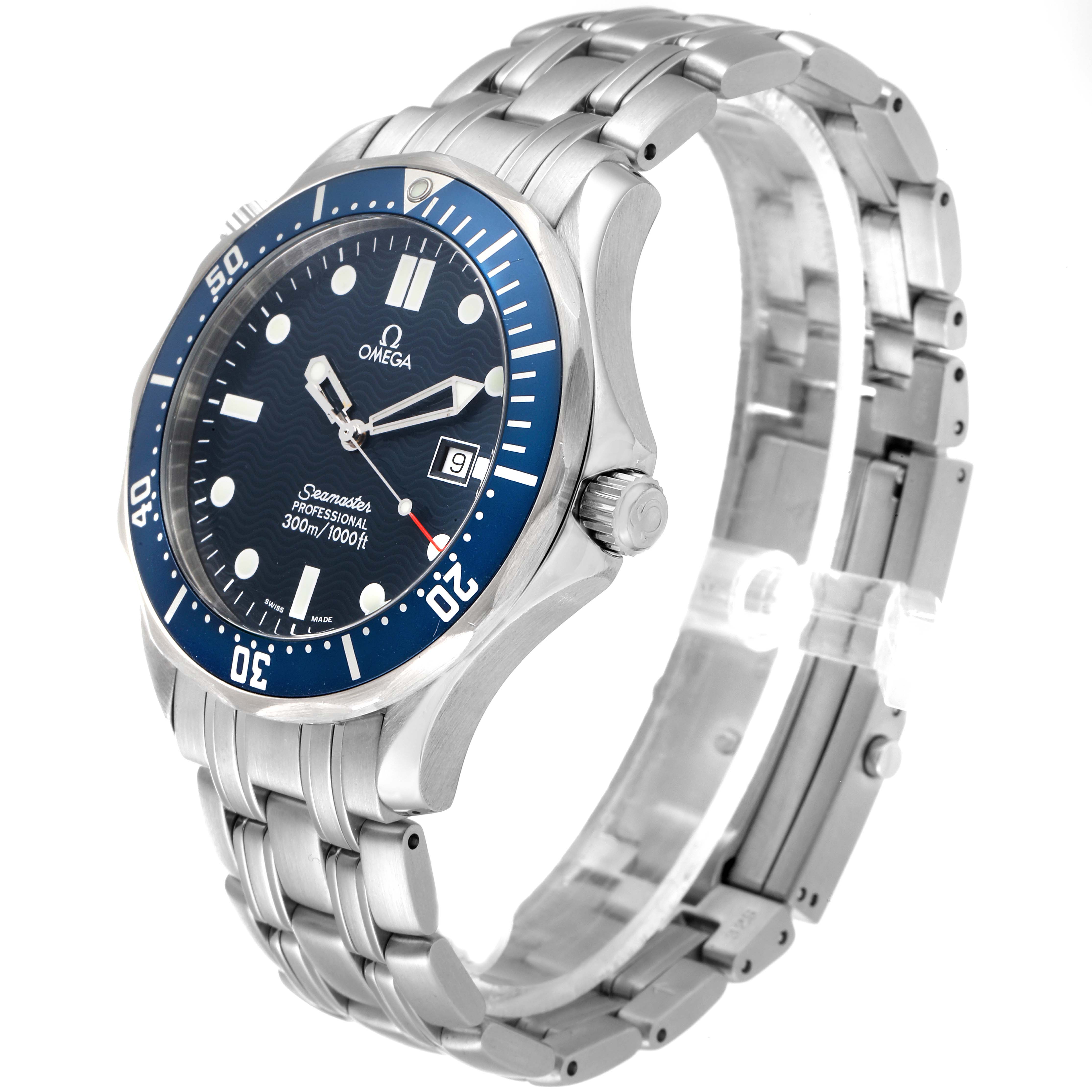The Omega Seamaster 2541.80.00 Men's Stainless Steel Blue Dial 2541.80.00 Men's Stainless Steel Blue Dial watch is shown from a slightly angled side view, displaying the case, bezel, dial, crown, and bracelet.