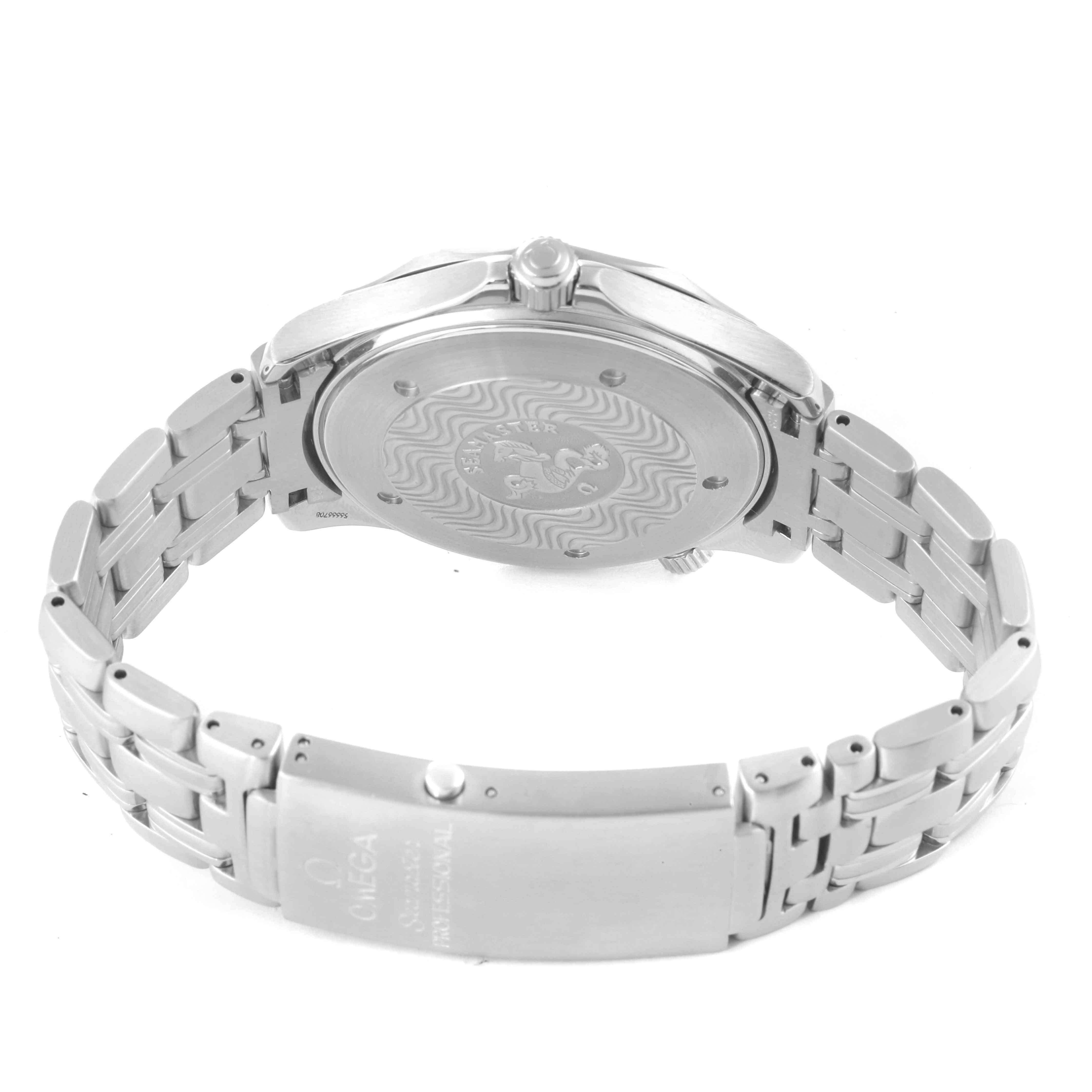 The image shows the back and bracelet of an Omega Seamaster 2541.80.00 Men's Stainless Steel Blue Dial 2541.80.00 Men's Stainless Steel Blue Dial watch, highlighting the engraved case back and clasp.