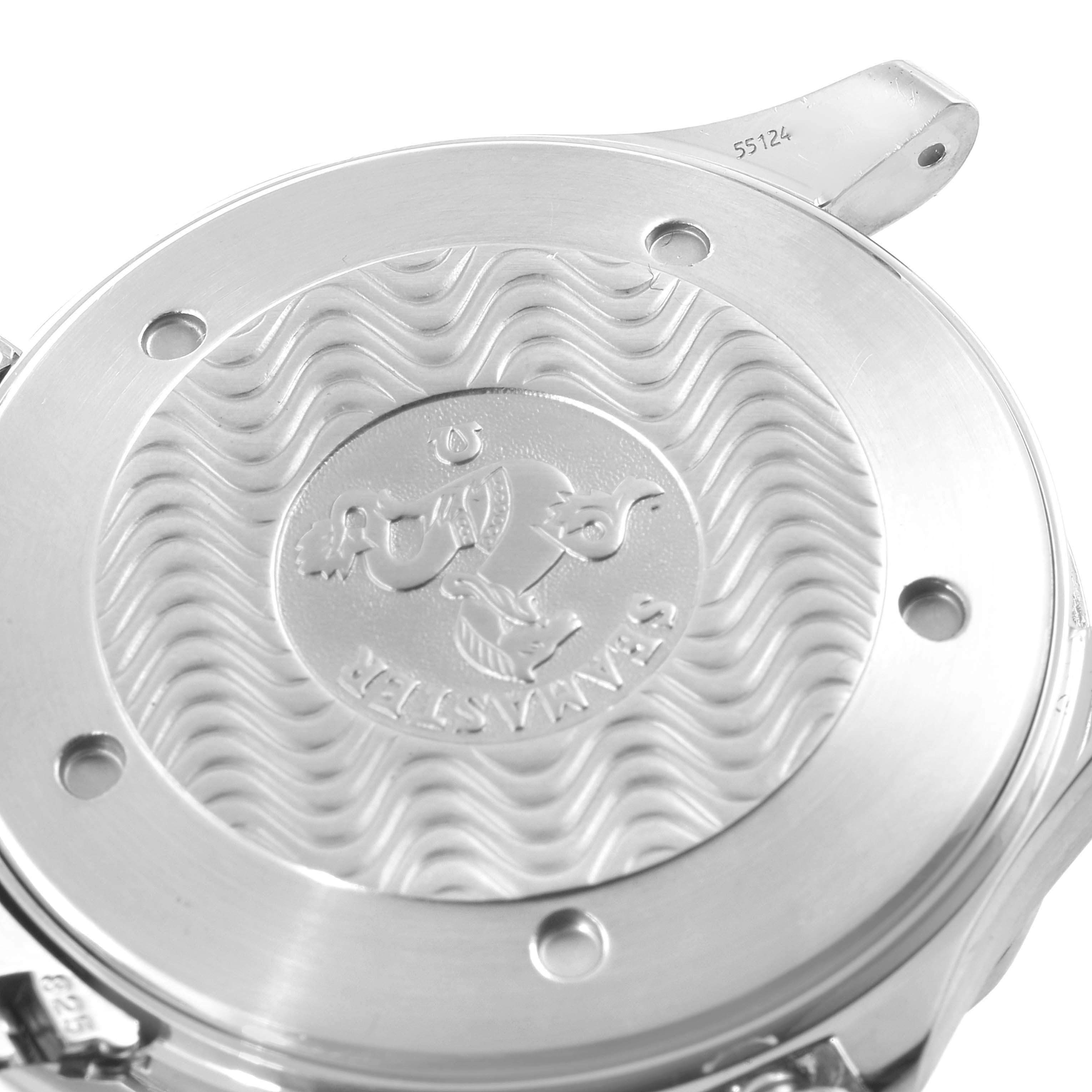 This image shows the back case of an Omega Seamaster 2541.80.00 Men's Stainless Steel Blue Dial 2541.80.00 Men's Stainless Steel Blue Dial watch, with its engraved wave pattern and logo.