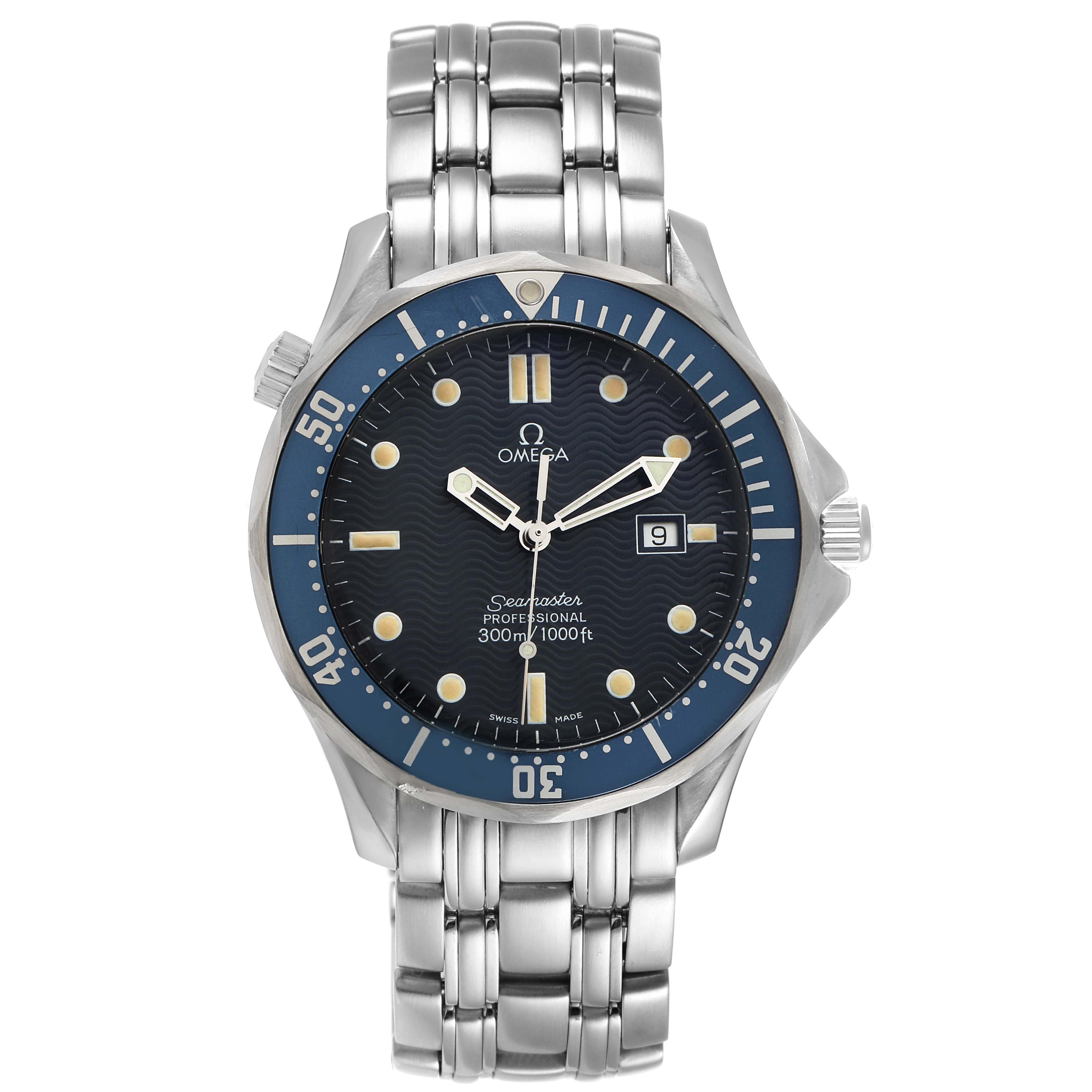 The Omega Seamaster 2541.80.00 Men's Stainless Steel Blue Dial 2541.80.00 Men's Stainless Steel Blue Dial watch is shown from the front, displaying its face, bezel, and metal bracelet.