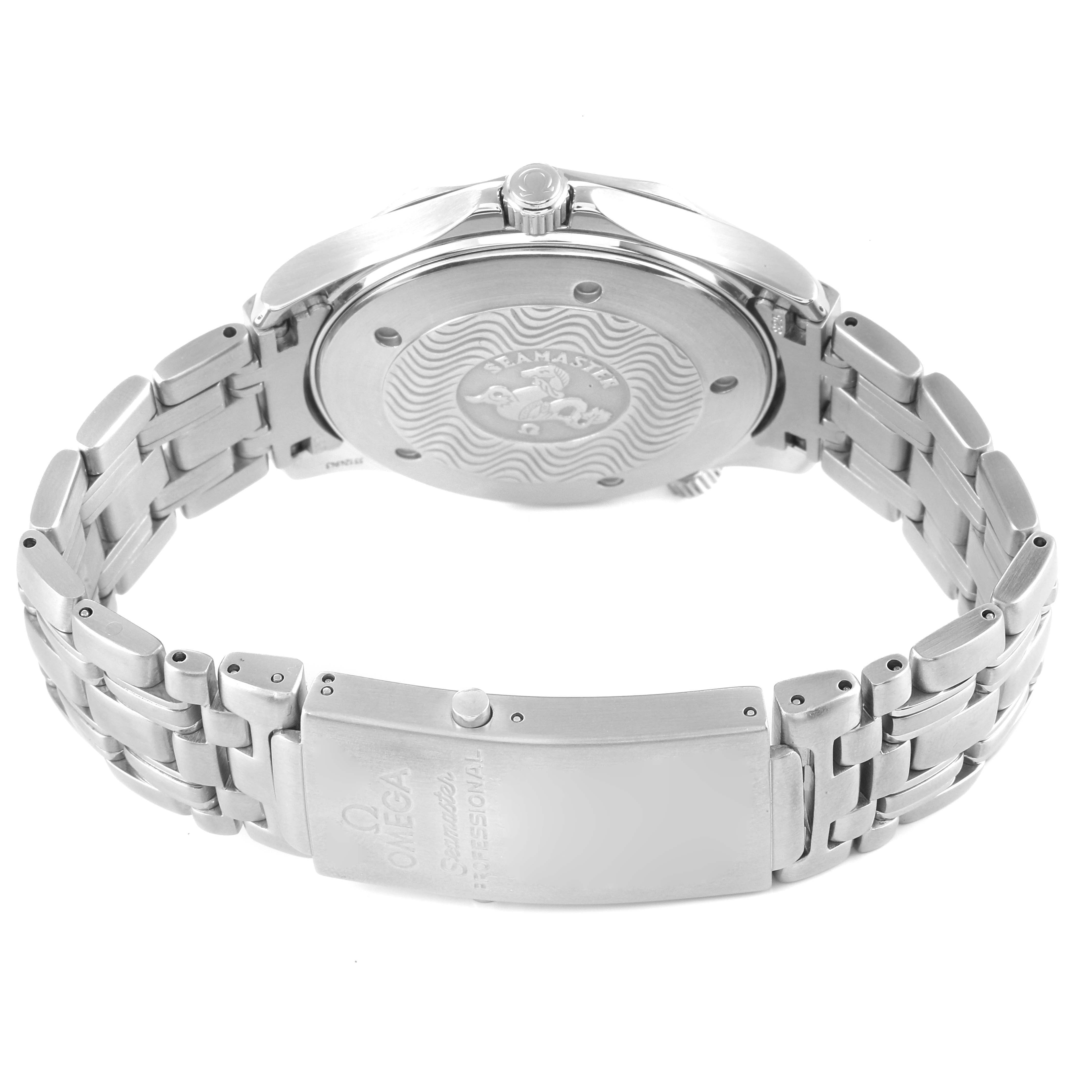 This image shows the back case and metal bracelet of an Omega Seamaster 2541.80.00 Men's Stainless Steel Blue Dial 2541.80.00 Men's Stainless Steel Blue Dial watch, including the clasp and crown.