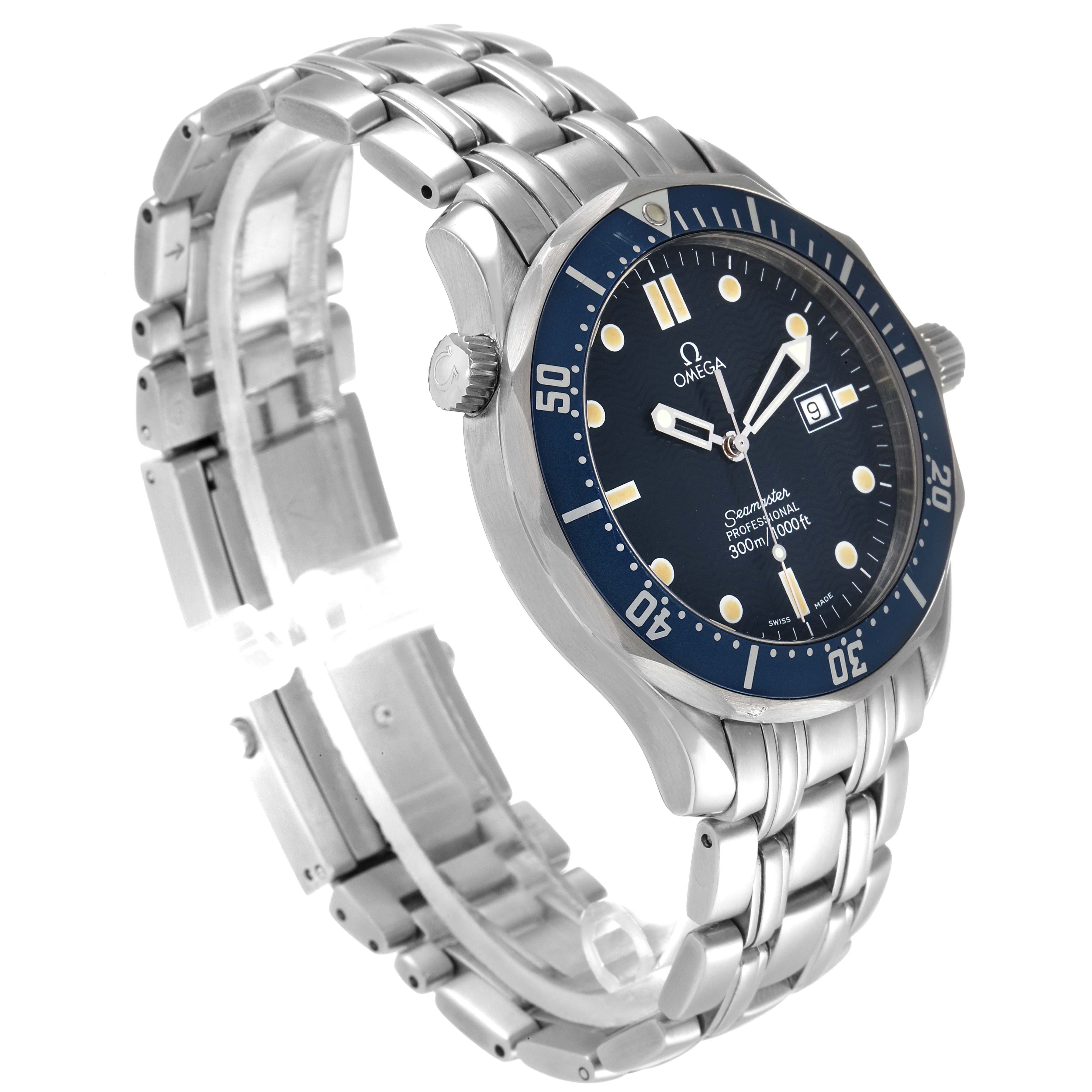 The image shows an angled view of the Omega Seamaster 2541.80.00 Men's Stainless Steel Blue Dial 2541.80.00 Men's Stainless Steel Blue Dial watch, highlighting its face, bezel, crown, and metal bracelet.