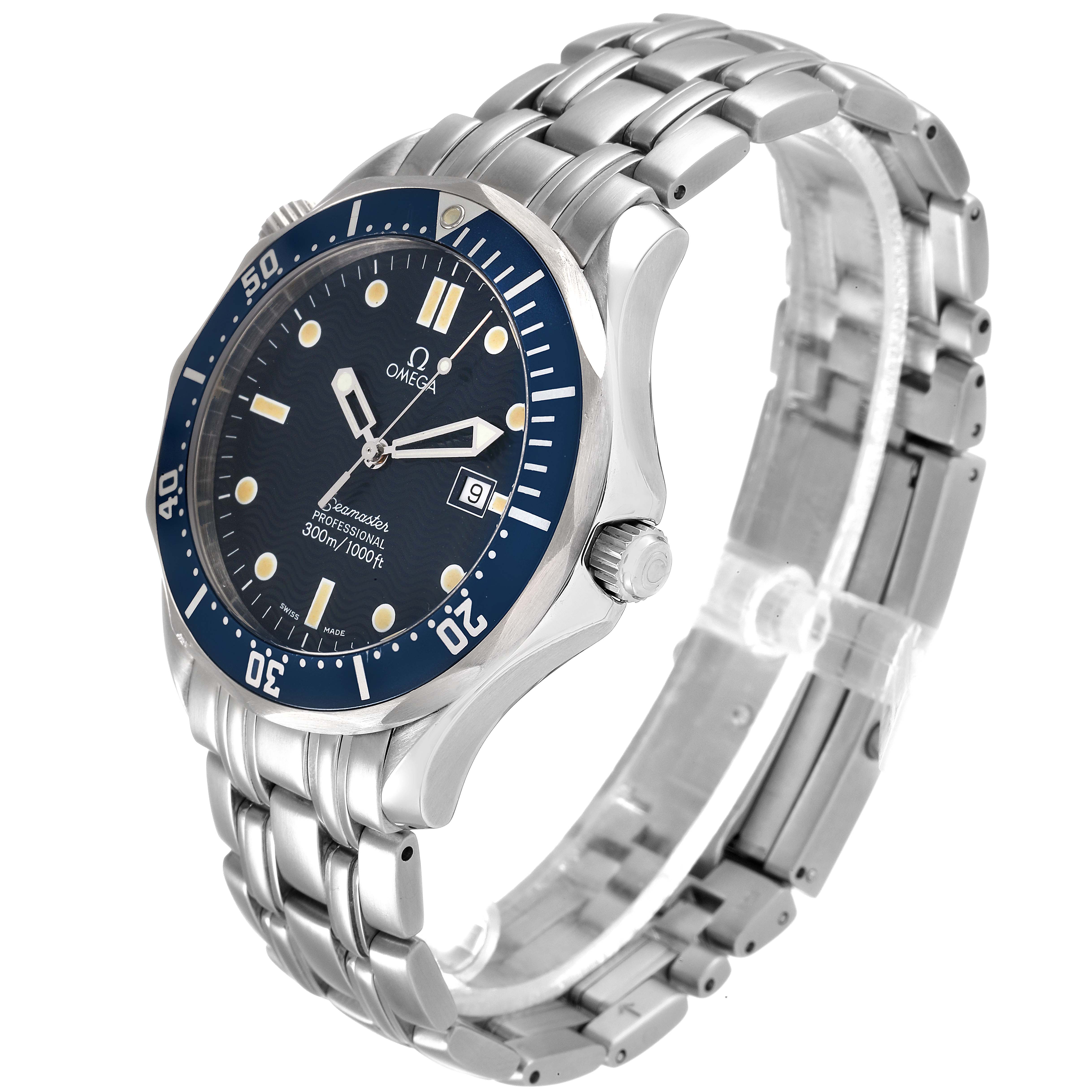 The image shows an angled view of the Omega Seamaster 2541.80.00 Men's Stainless Steel Blue Dial 2541.80.00 Men's Stainless Steel Blue Dial watch, displaying the face, bezel, crown, and bracelet.