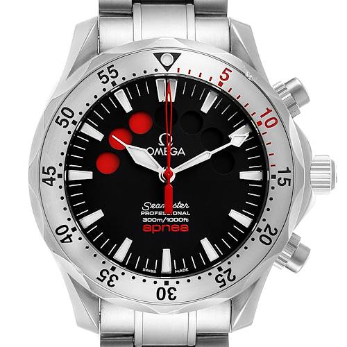 The image shows a front view of an Omega Seamaster watch, featuring its bezel, dial, hands, and part of its stainless steel bracelet.