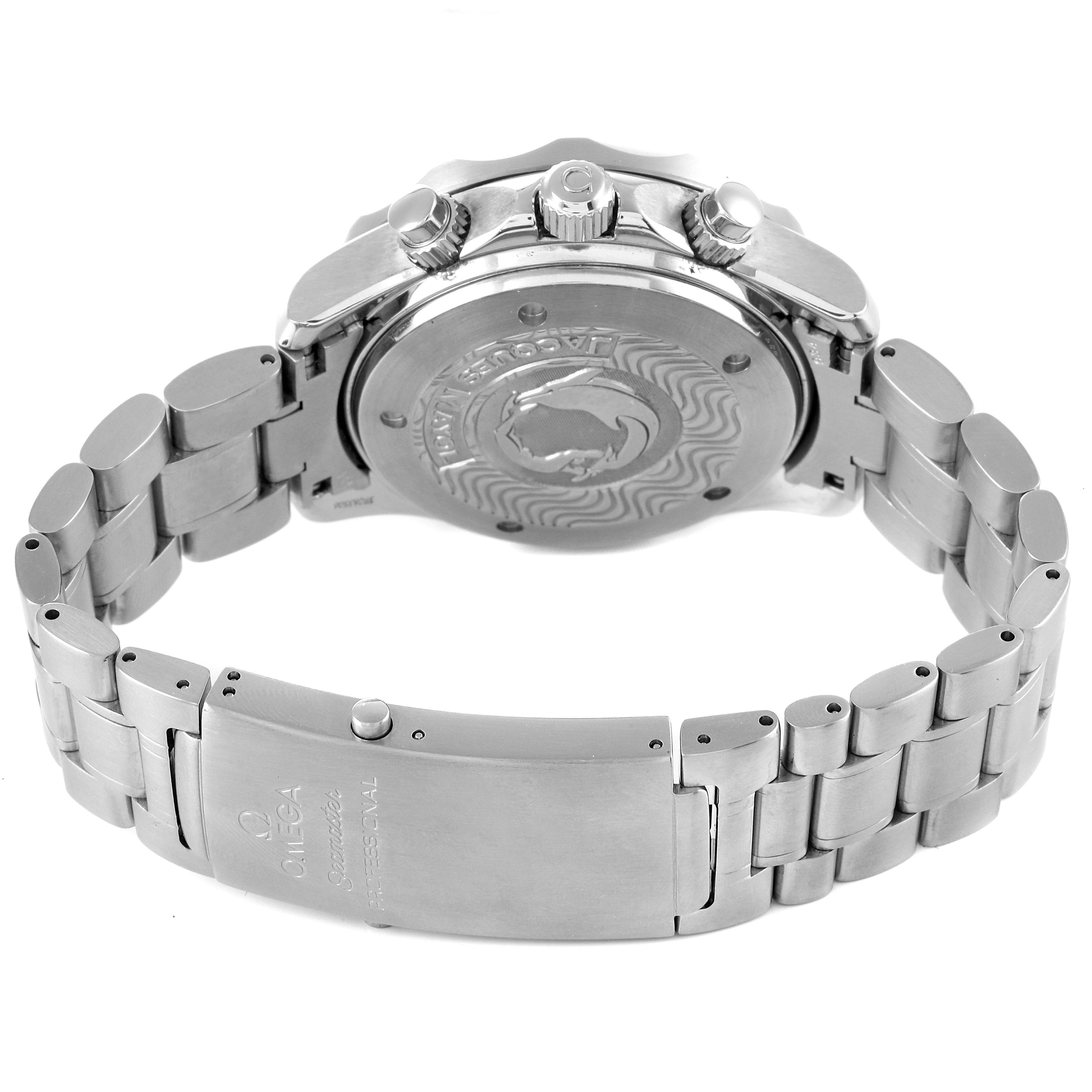 The image shows the back and bracelet of the Omega Seamaster 2595.50.00 Men's Stainless Steel Black Dial 2595.50.00 Men's Stainless Steel Black Dial watch, highlighting its clasp and engraved case back.