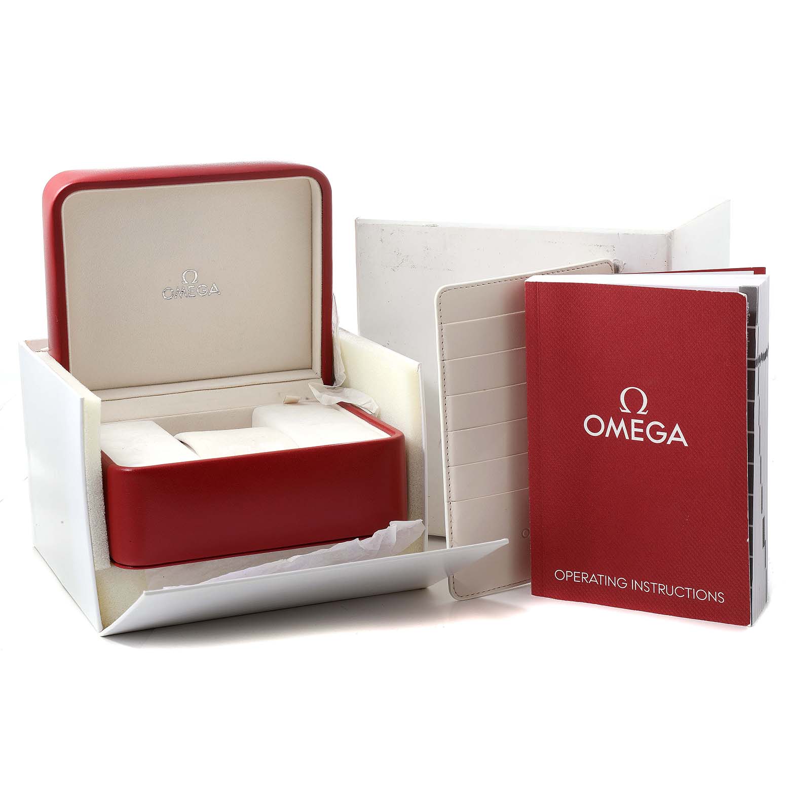 The image shows the packaging, instruction manual, and presentation box for an Omega Seamaster 2595.50.00 Men's Stainless Steel Black Dial 2595.50.00 Men's Stainless Steel Black Dial watch.