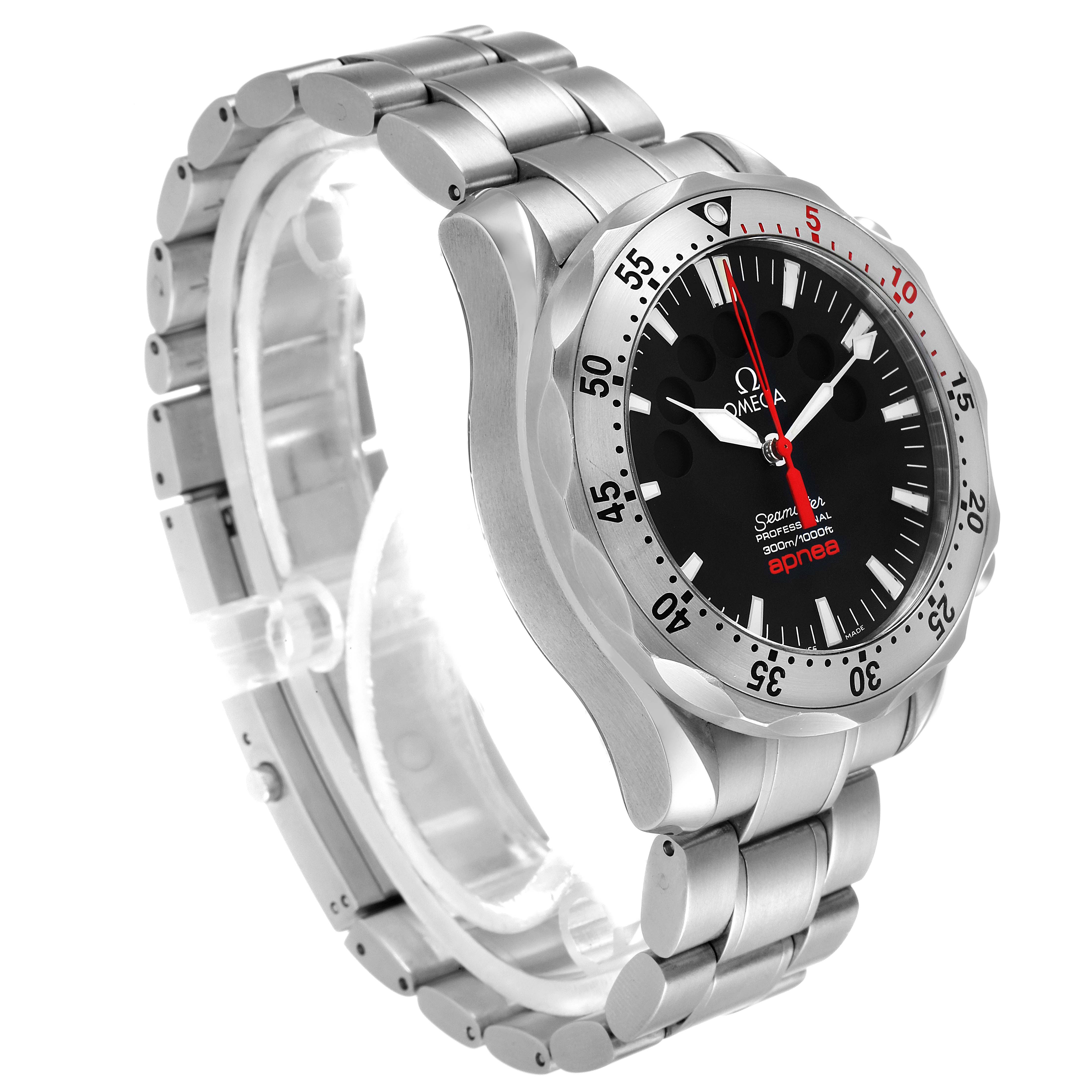 The image shows an Omega Seamaster 2595.50.00 Men's Stainless Steel Black Dial 2595.50.00 Men's Stainless Steel Black Dial watch at a three-quarter angle, highlighting the face, bezel, and bracelet.