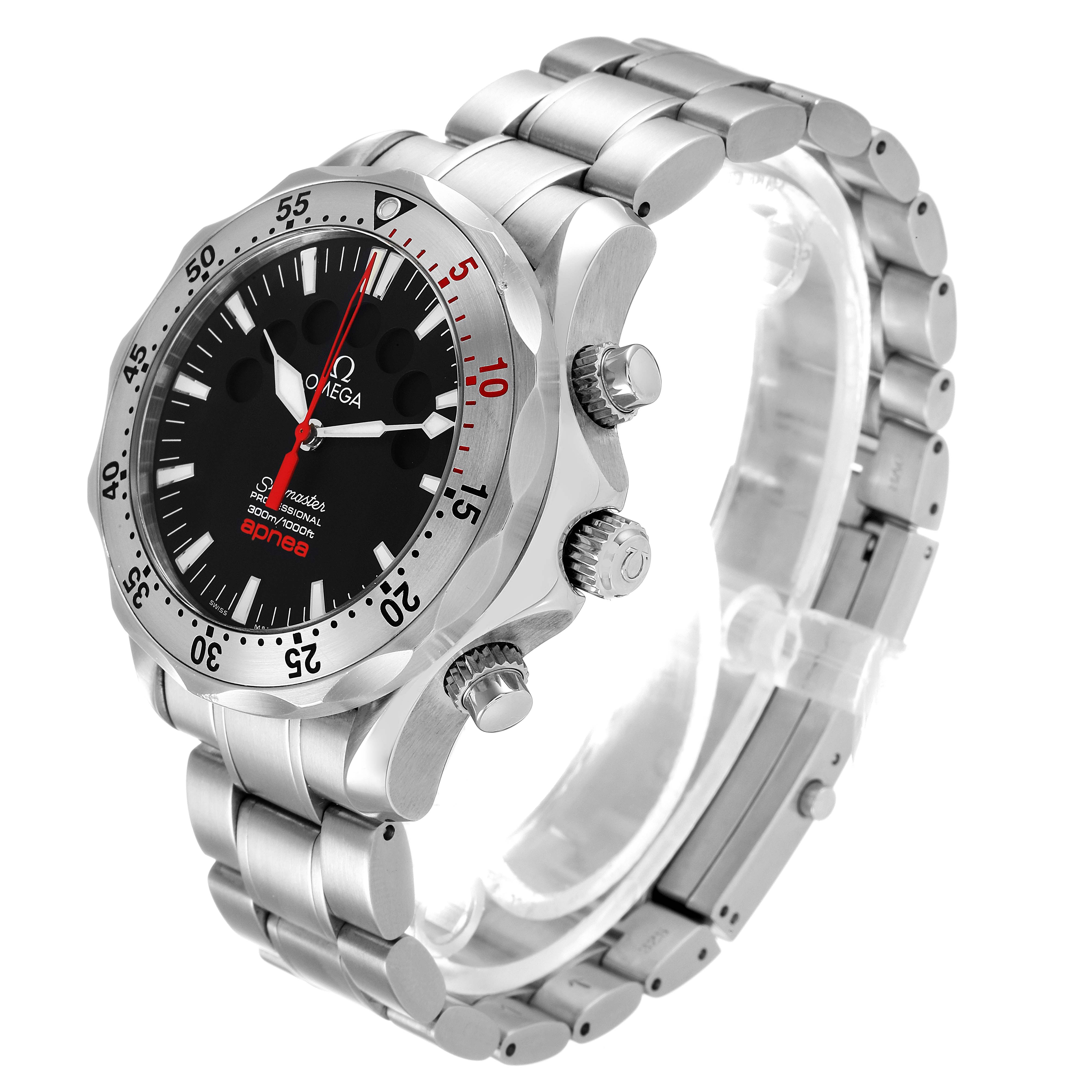 The image shows a side angle of the Omega Seamaster 2595.50.00 Men's Stainless Steel Black Dial 2595.50.00 Men's Stainless Steel Black Dial watch, highlighting its dial, bezel, crown, pushers, and metal bracelet.