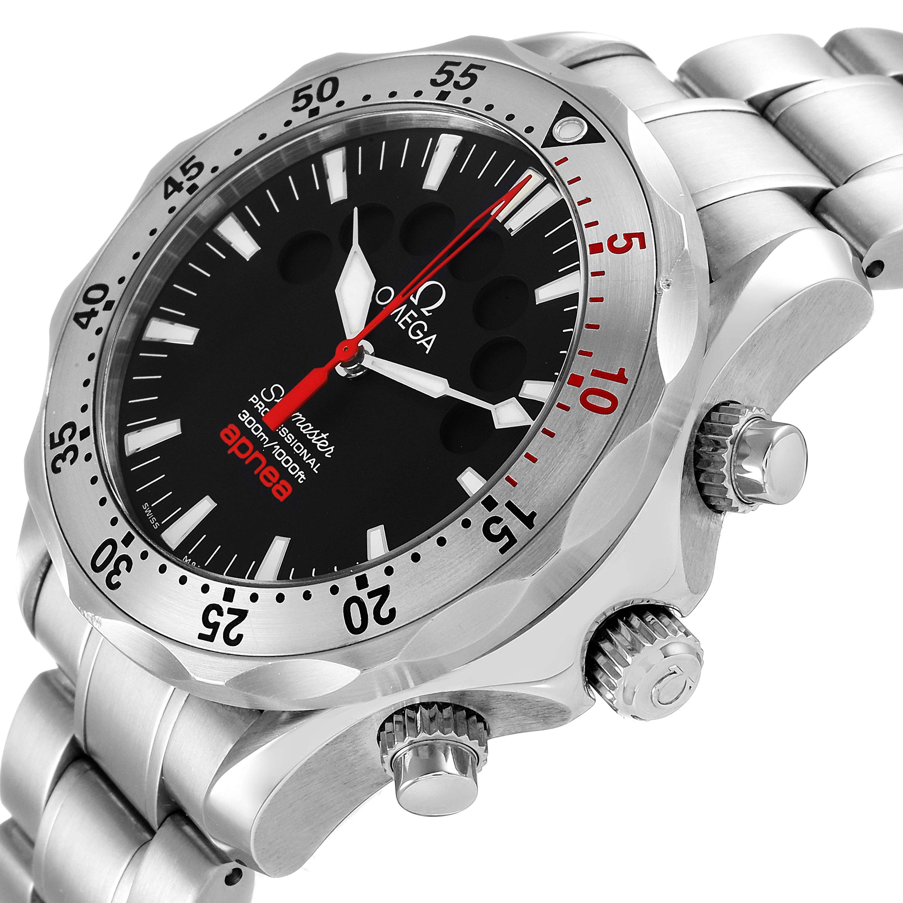 The image features an Omega Seamaster 2595.50.00 Men's Stainless Steel Black Dial 2595.50.00 Men's Stainless Steel Black Dial watch at a slight side angle, showing its bezel, dial, and crown.