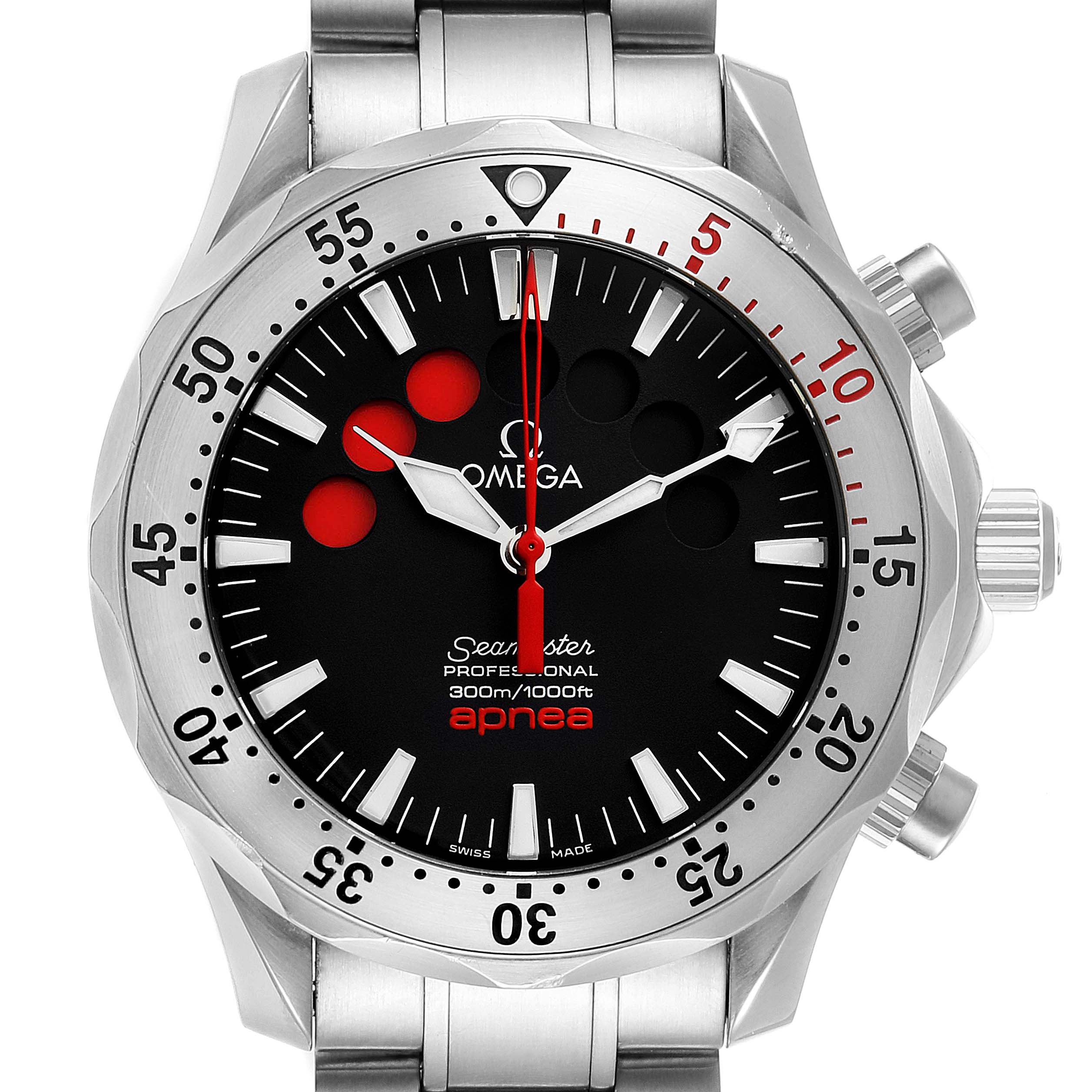 The image shows a front view of an Omega Seamaster 2595.50.00 Men's Stainless Steel Black Dial 2595.50.00 Men's Stainless Steel Black Dial Apnea watch, highlighting the face, bezel, and part of the bracelet.