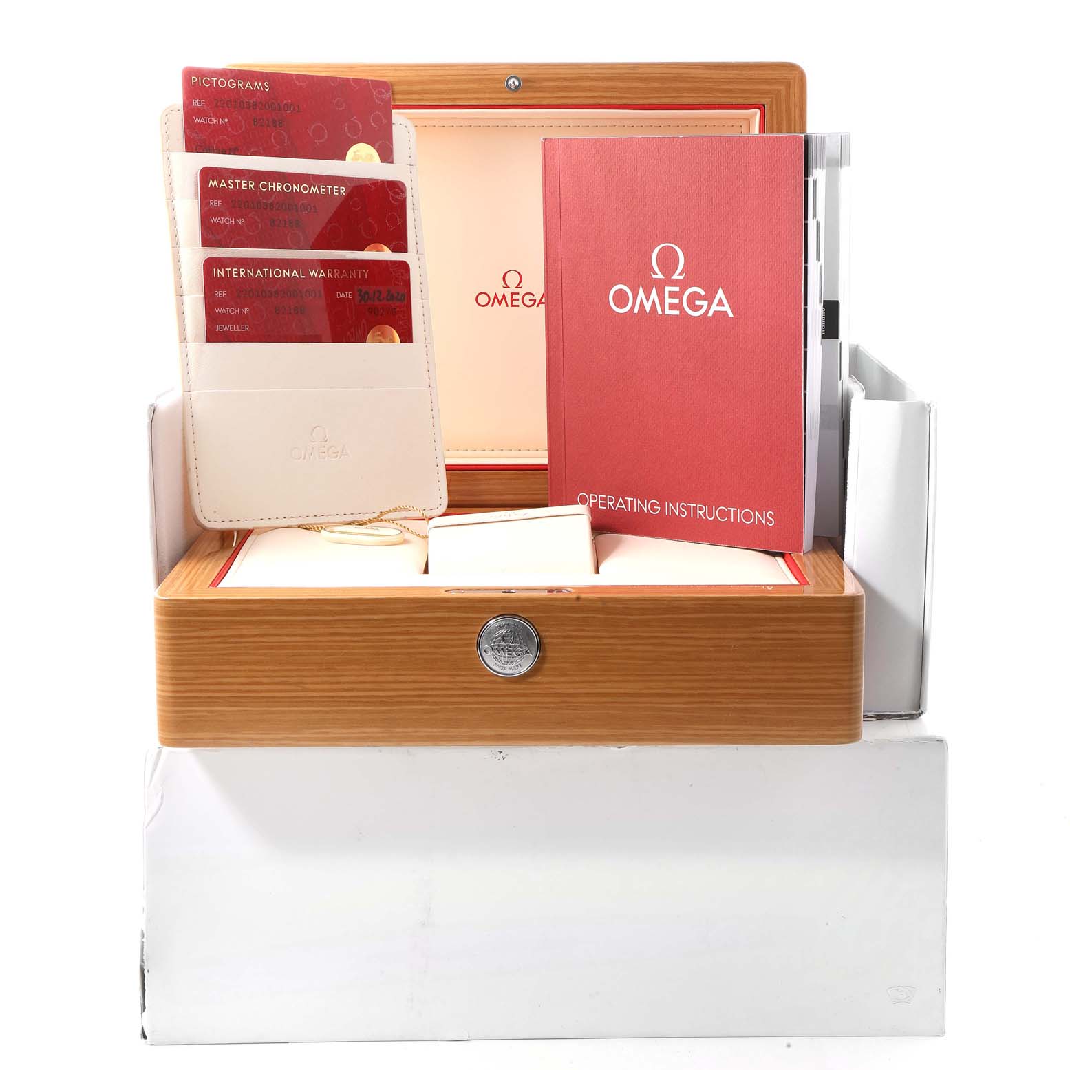 The image shows an Omega Aqua Terra 220.10.38.20.01.001 Men's Stainless Steel Black Dial 220.10.38.20.01.001 Men's Stainless Steel Black Dial watch box with accessories, including warranty cards and an operating instructions booklet.