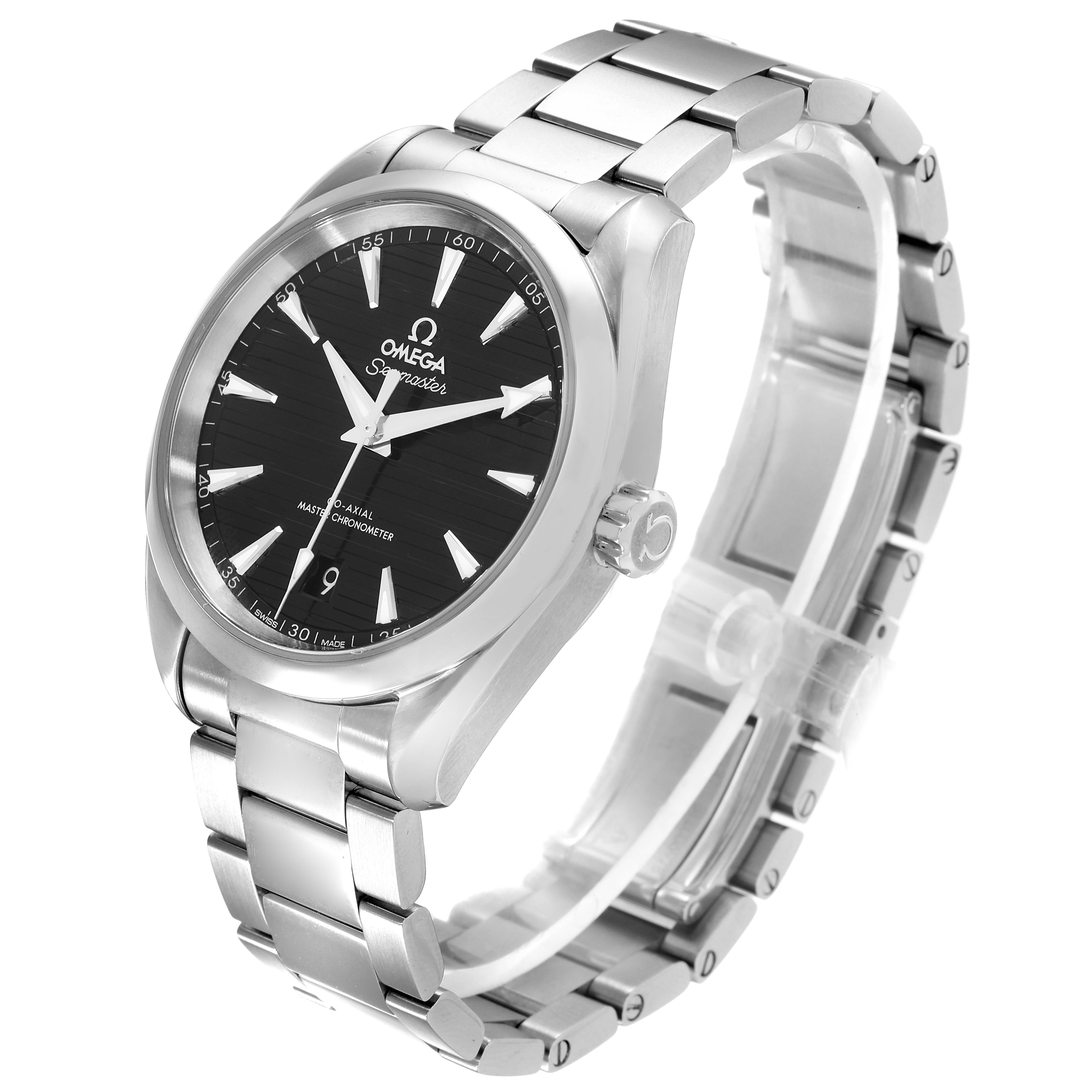 The Omega Aqua Terra 220.10.38.20.01.001 Men's Stainless Steel Black Dial 220.10.38.20.01.001 Men's Stainless Steel Black Dial watch is shown at a three-quarter angle, displaying the black dial, stainless steel case, and bracelet.