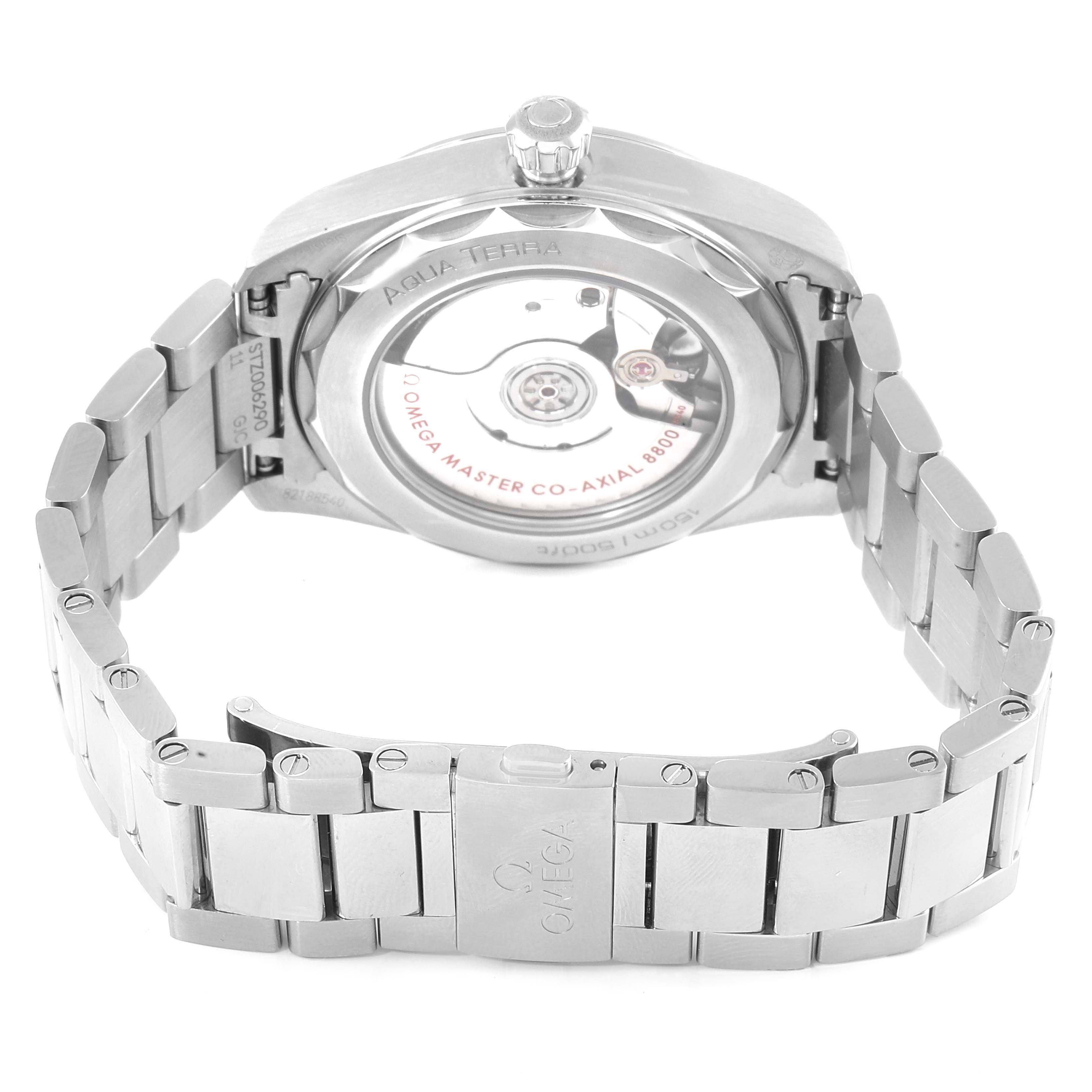 This image shows the back view of the Omega Aqua Terra 220.10.38.20.01.001 Men's Stainless Steel Black Dial 220.10.38.20.01.001 Men's Stainless Steel Black Dial watch, highlighting the exposed mechanism and metal bracelet.