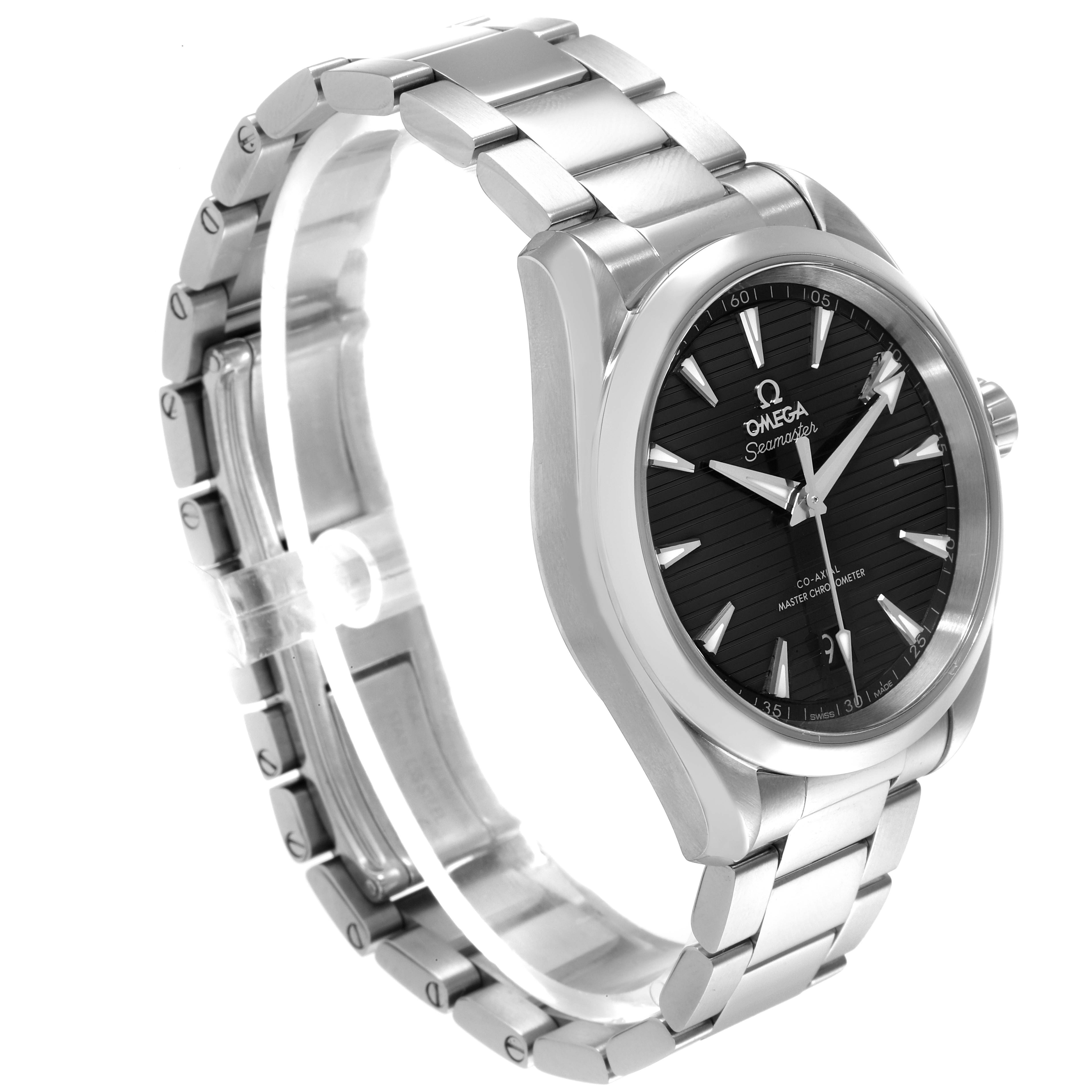 The image shows an Omega Aqua Terra 220.10.38.20.01.001 Men's Stainless Steel Black Dial 220.10.38.20.01.001 Men's Stainless Steel Black Dial watch at a three-quarter angle, highlighting its face, bezel, crown, and metal bracelet.