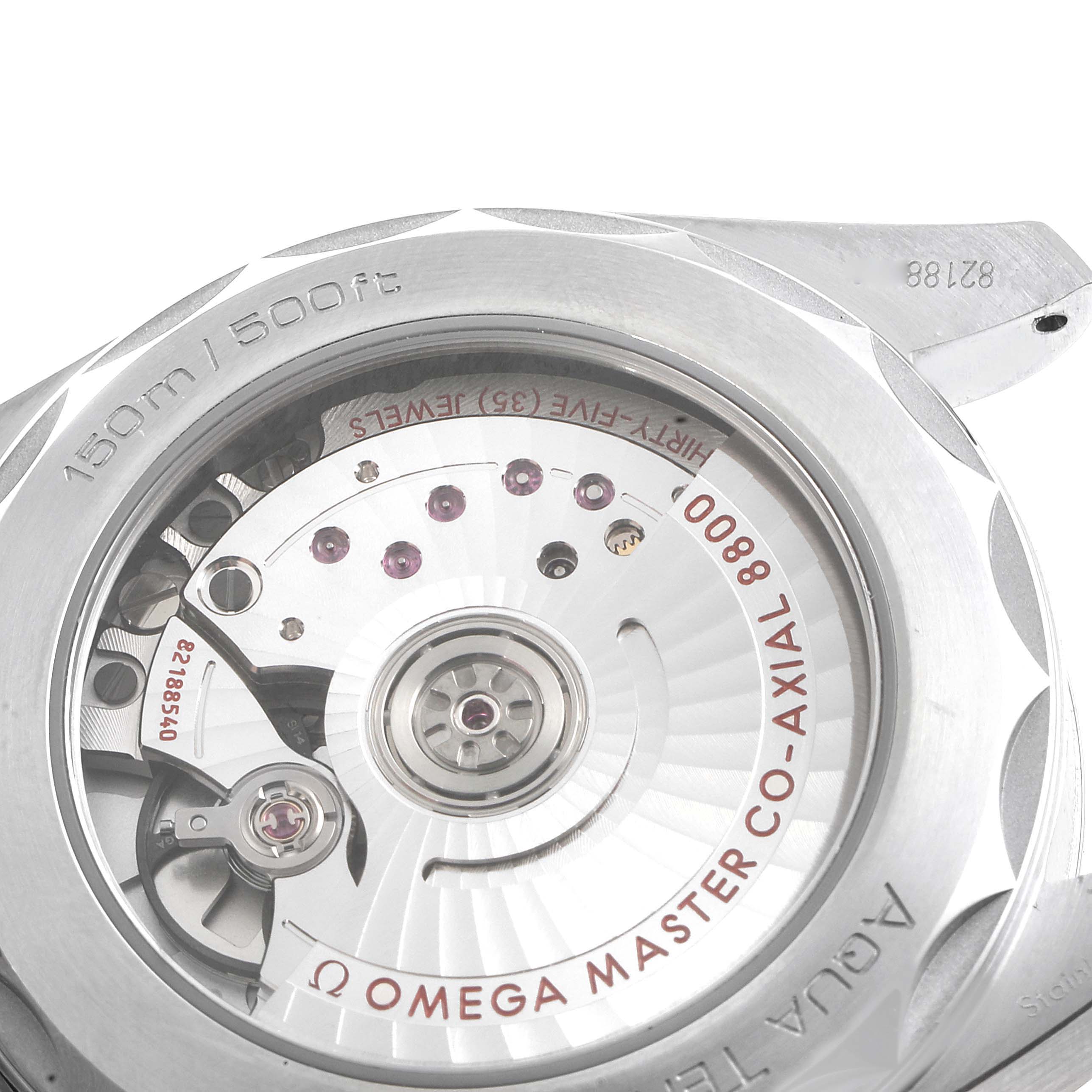 This image shows the Omega Aqua Terra 220.10.38.20.01.001 Men's Stainless Steel Black Dial 220.10.38.20.01.001 Men's Stainless Steel Black Dial watch's back, highlighting its exposed movement mechanism.