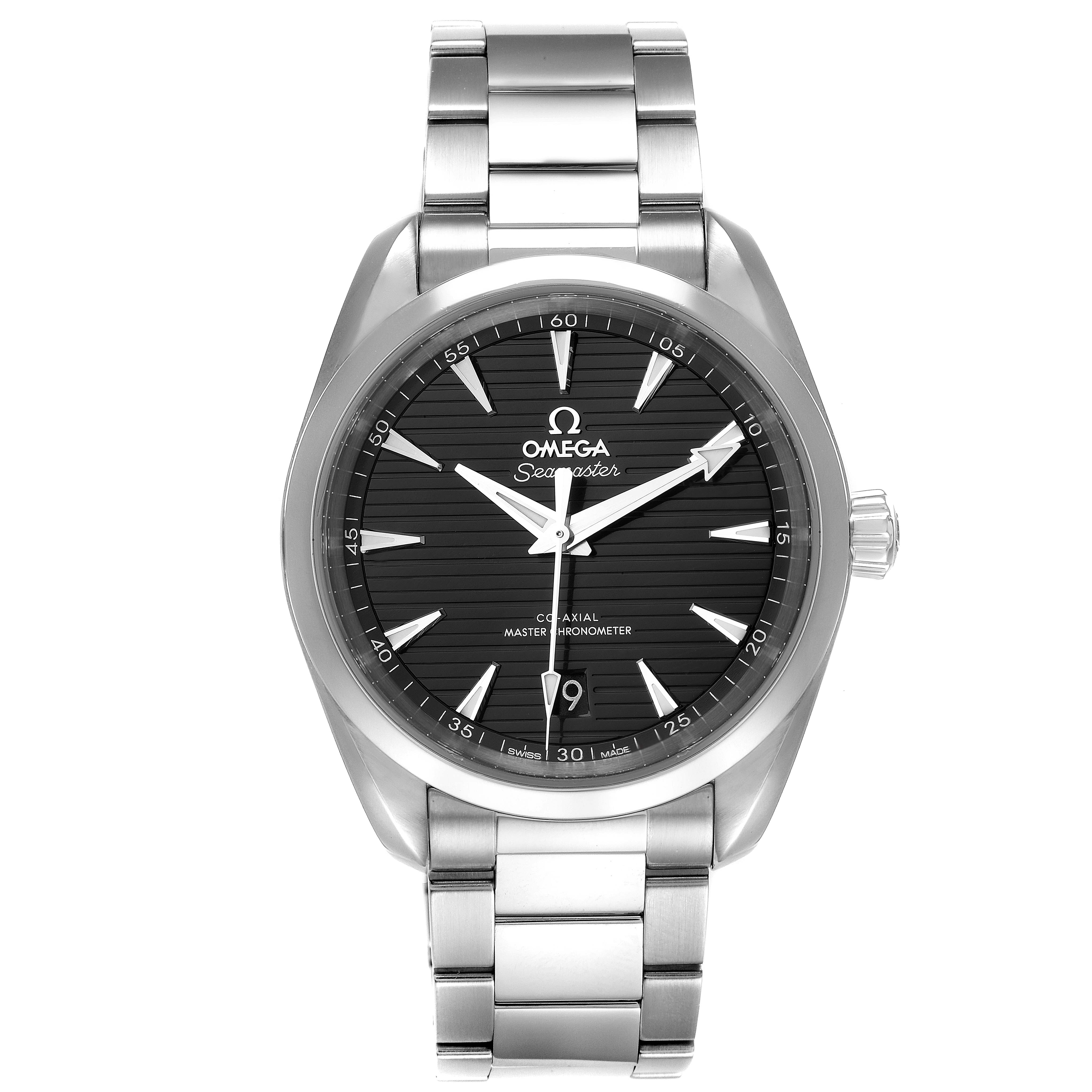 The image shows a front view of the Omega Seamaster Aqua Terra watch, featuring its black dial, silver watch hands, and metal bracelet.