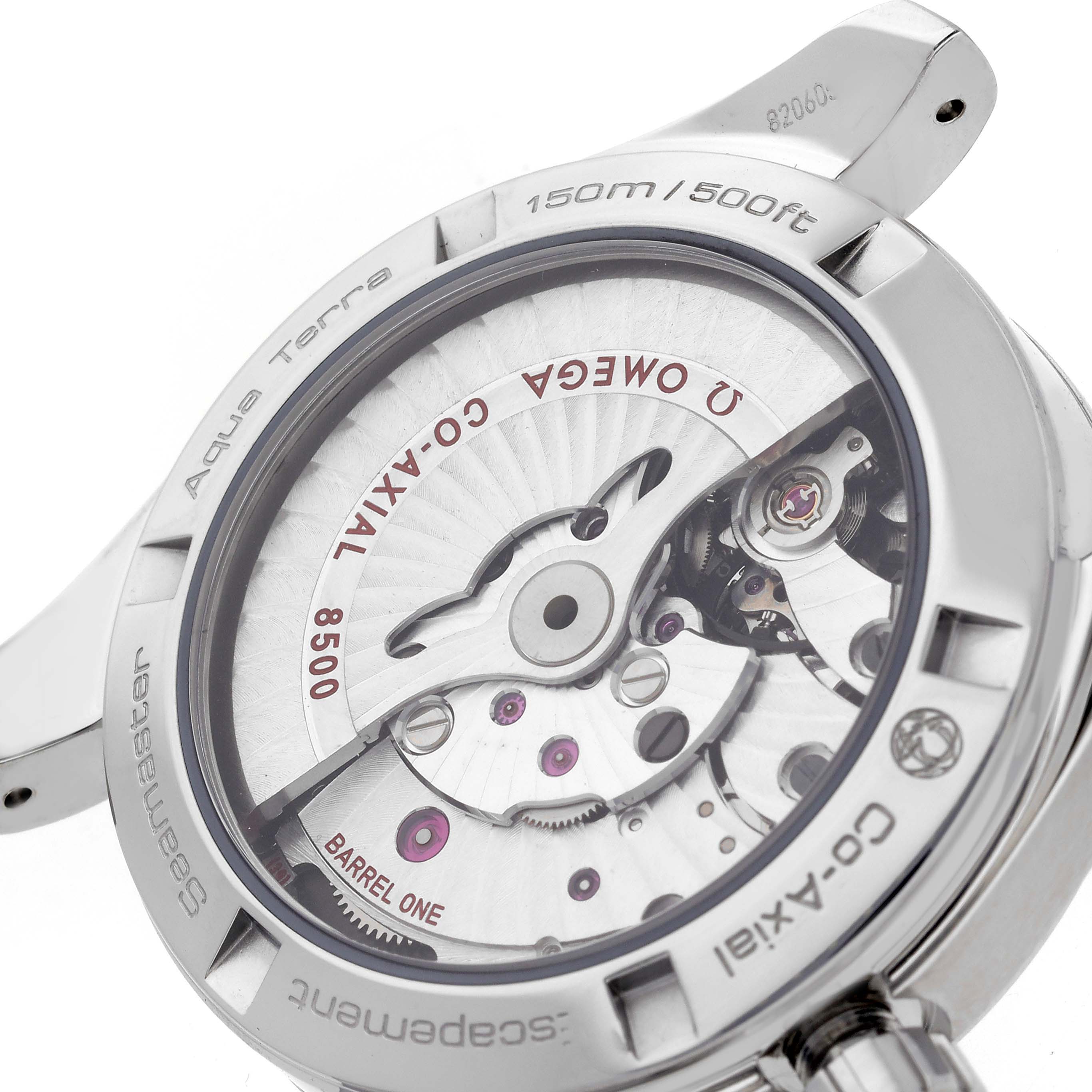 The Omega Aqua Terra 231.10.39.21.02.001 Men's Stainless Steel Silver Dial 231.10.39.21.02.001 Men's Stainless Steel Silver Dial watch is shown from the back, highlighting the movement and inner mechanism.