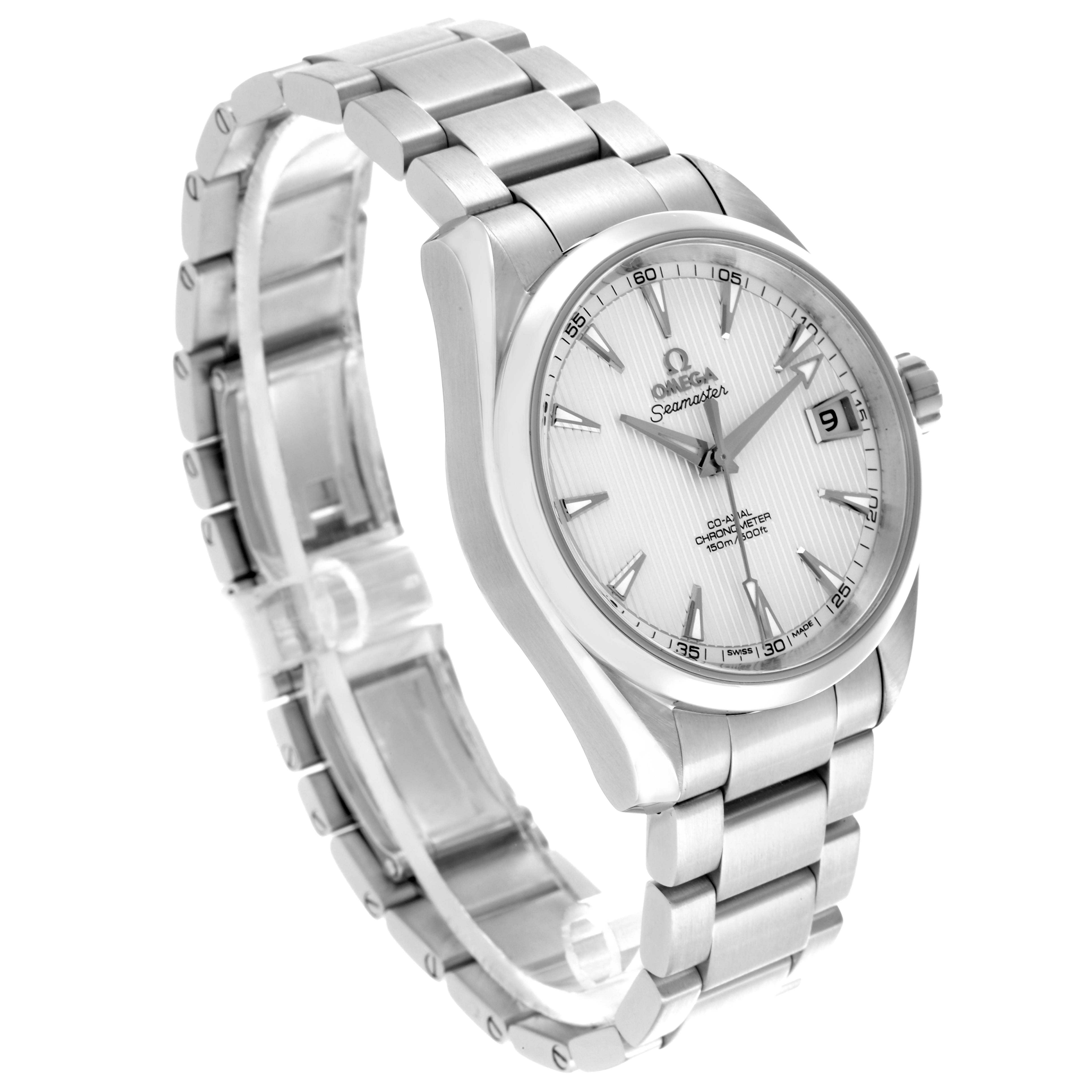 The Omega Aqua Terra 231.10.39.21.02.001 Men's Stainless Steel Silver Dial 231.10.39.21.02.001 Men's Stainless Steel Silver Dial watch is shown at a three-quarter angle, highlighting the dial, bracelet, and clasp.