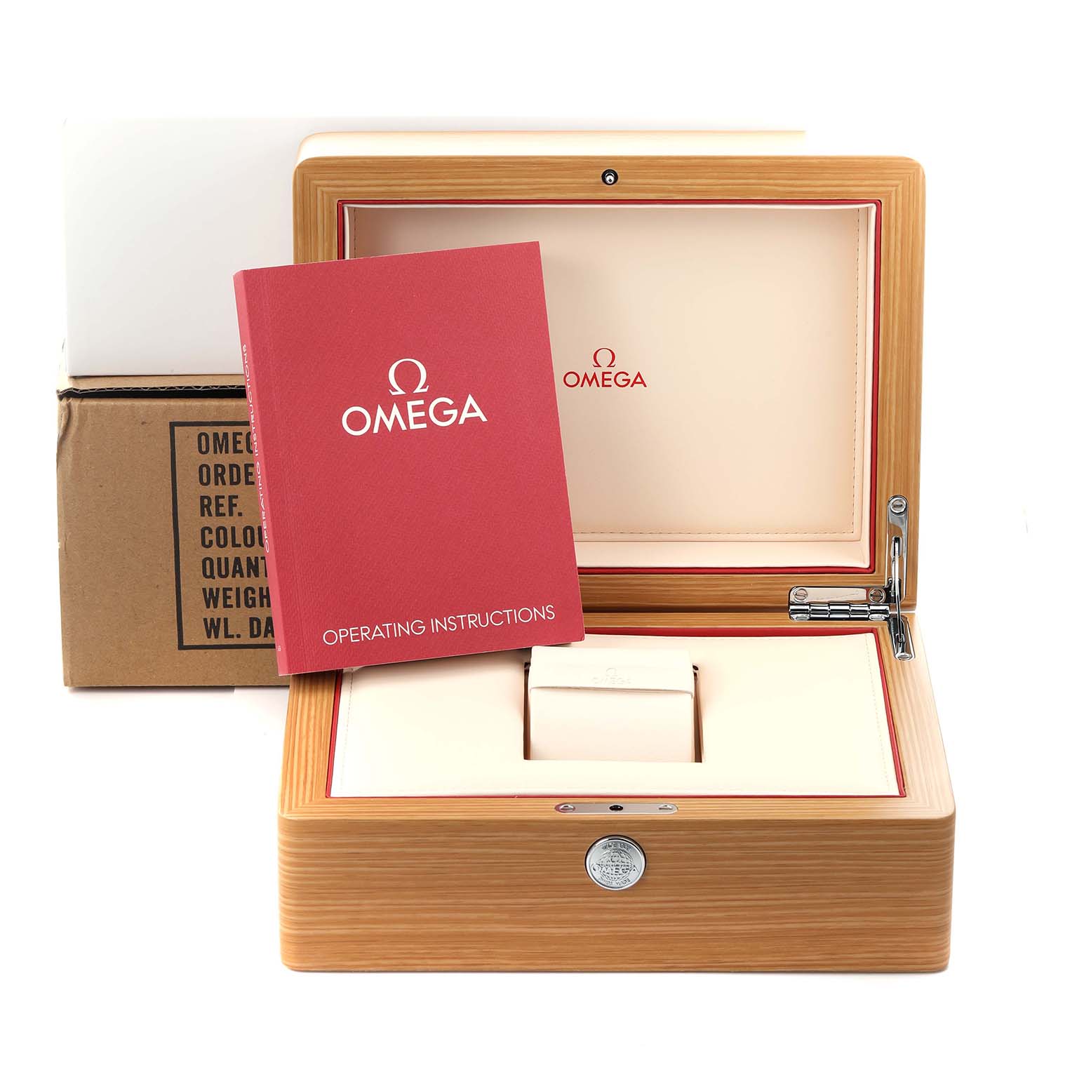 The image shows an Omega Aqua Terra 231.10.39.21.02.001 Men's Stainless Steel Silver Dial 231.10.39.21.02.001 Men's Stainless Steel Silver Dial watch box, instruction manual, and outer packaging from a front angle.